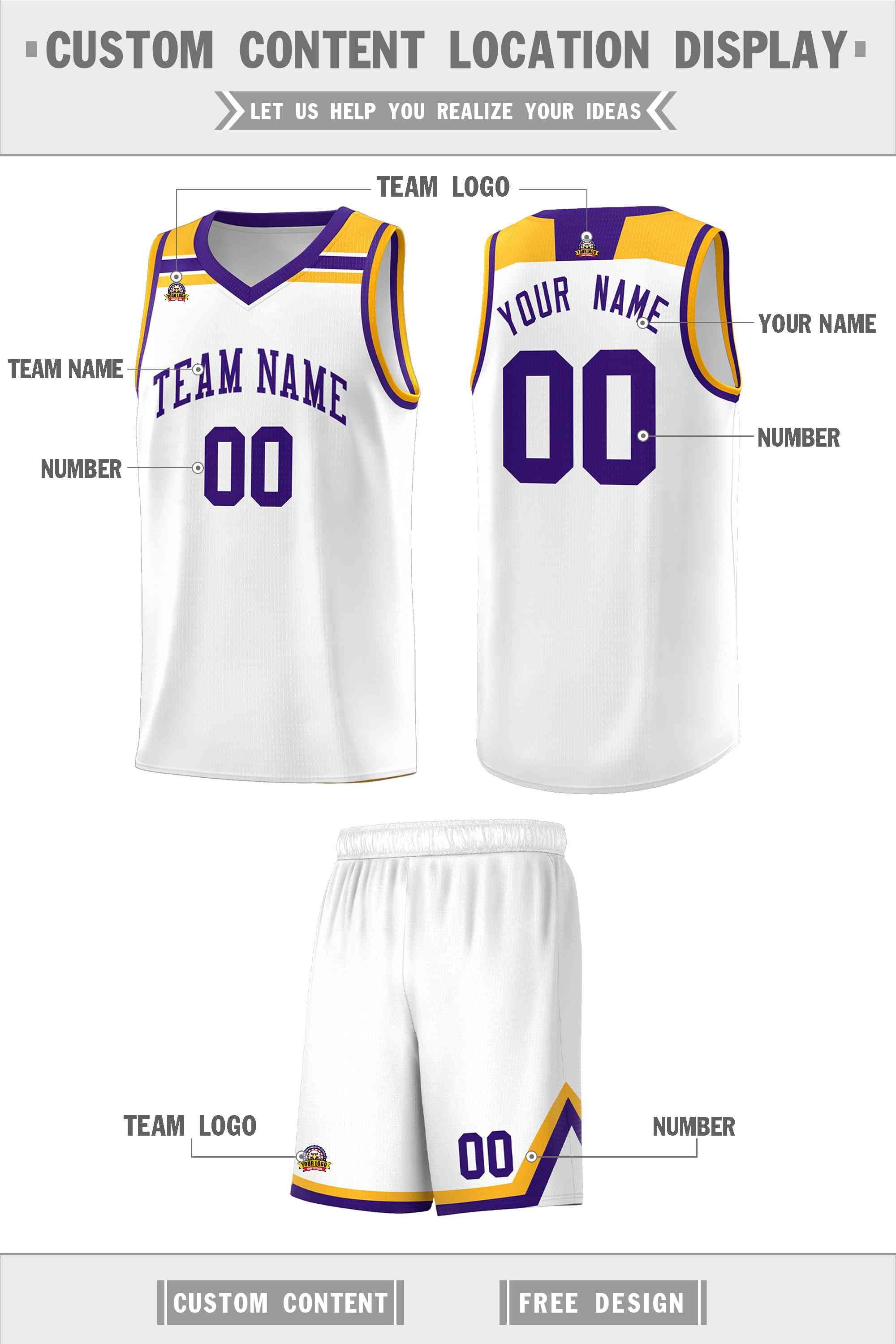 Custom White Purple-Gold Classic Sports Uniform Basketball Jersey