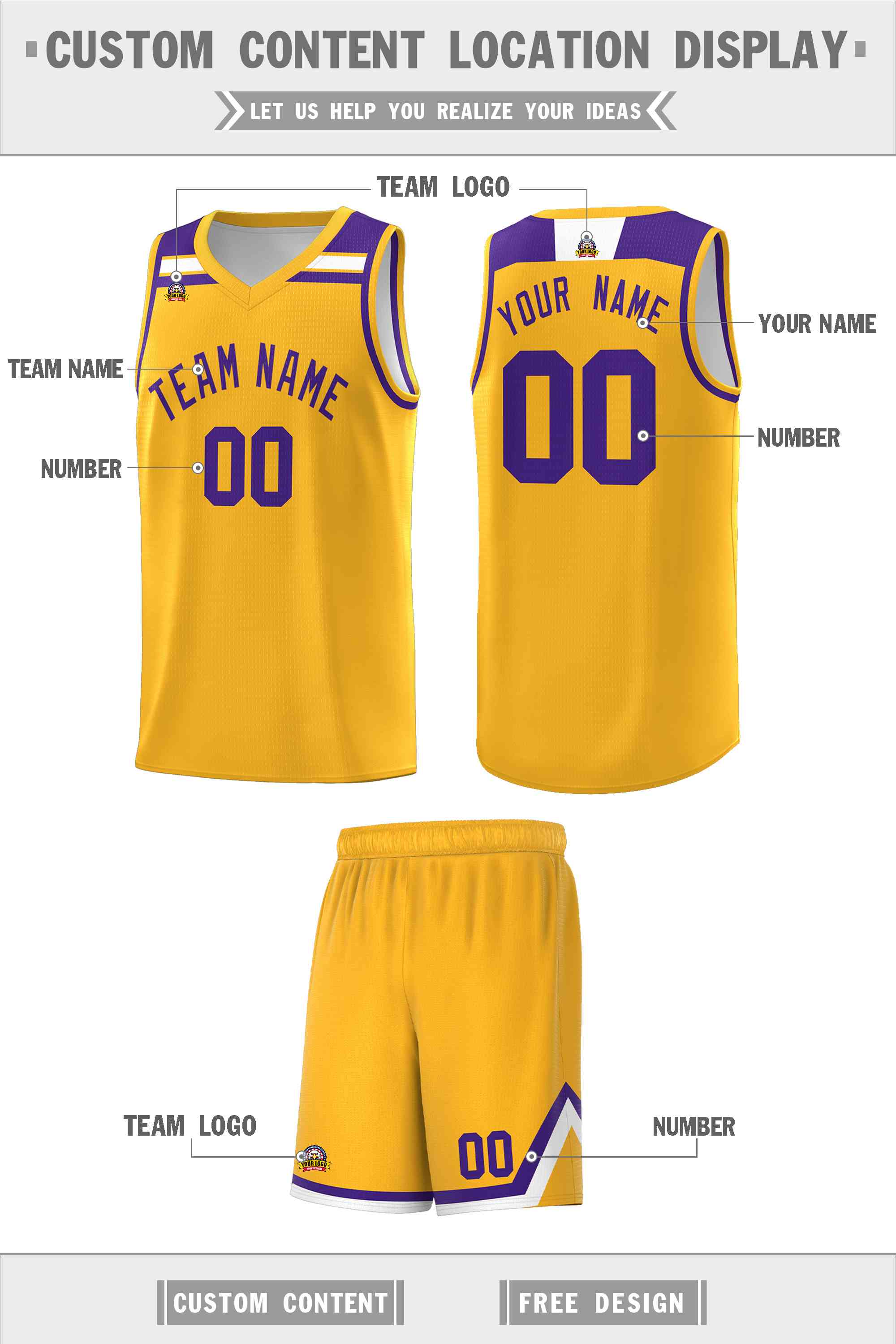 Custom Gold Purple-White Classic Sports Uniform Basketball Jersey