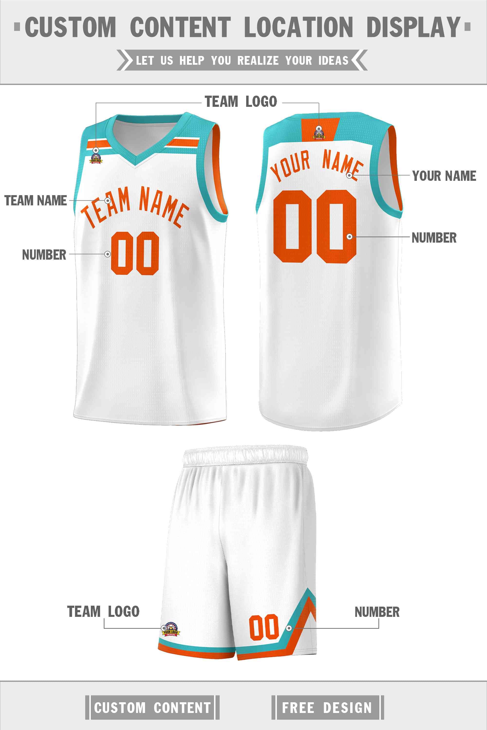 Custom White Orange-Aqua Classic Sports Uniform Basketball Jersey