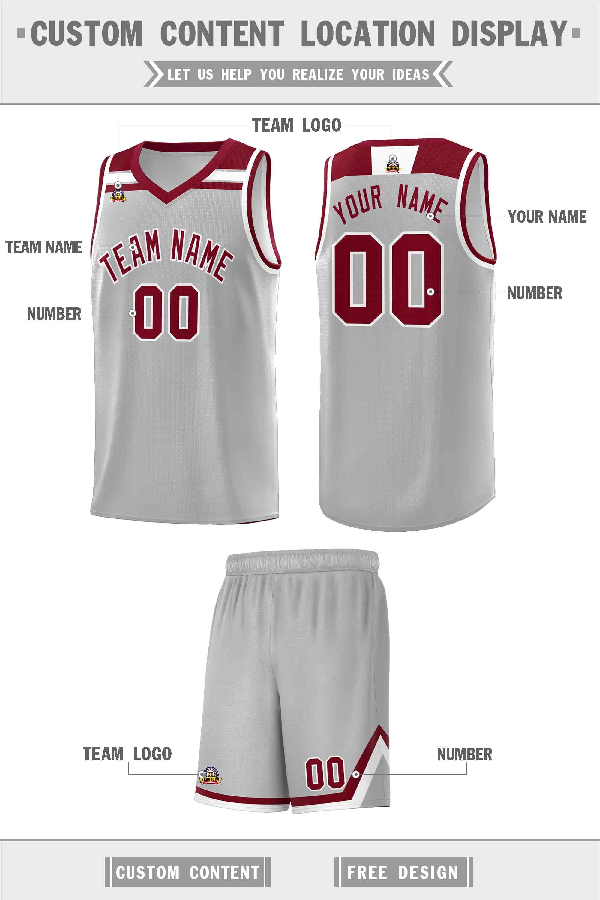 Custom Gray Crimson-White Classic Sports Uniform Basketball Jersey