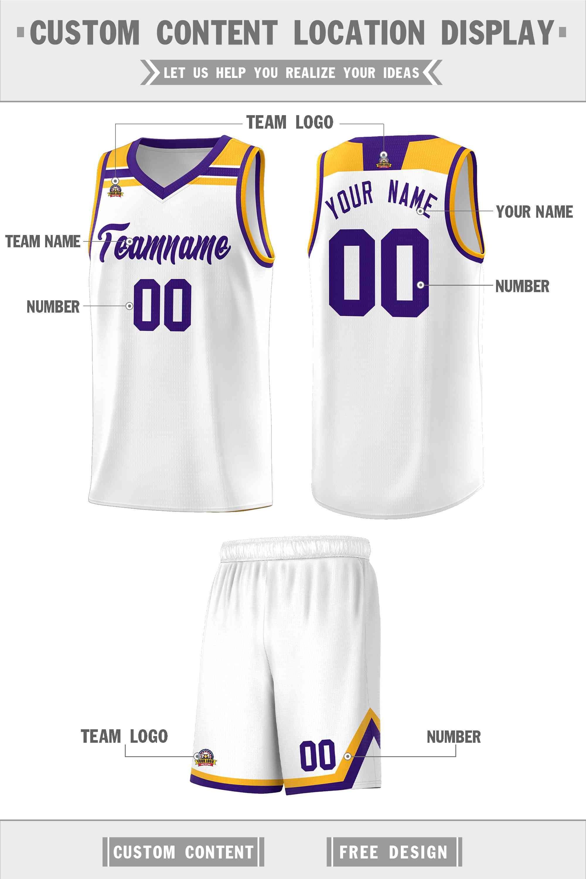 Custom White Purple-Gold Classic Sports Uniform Basketball Jersey