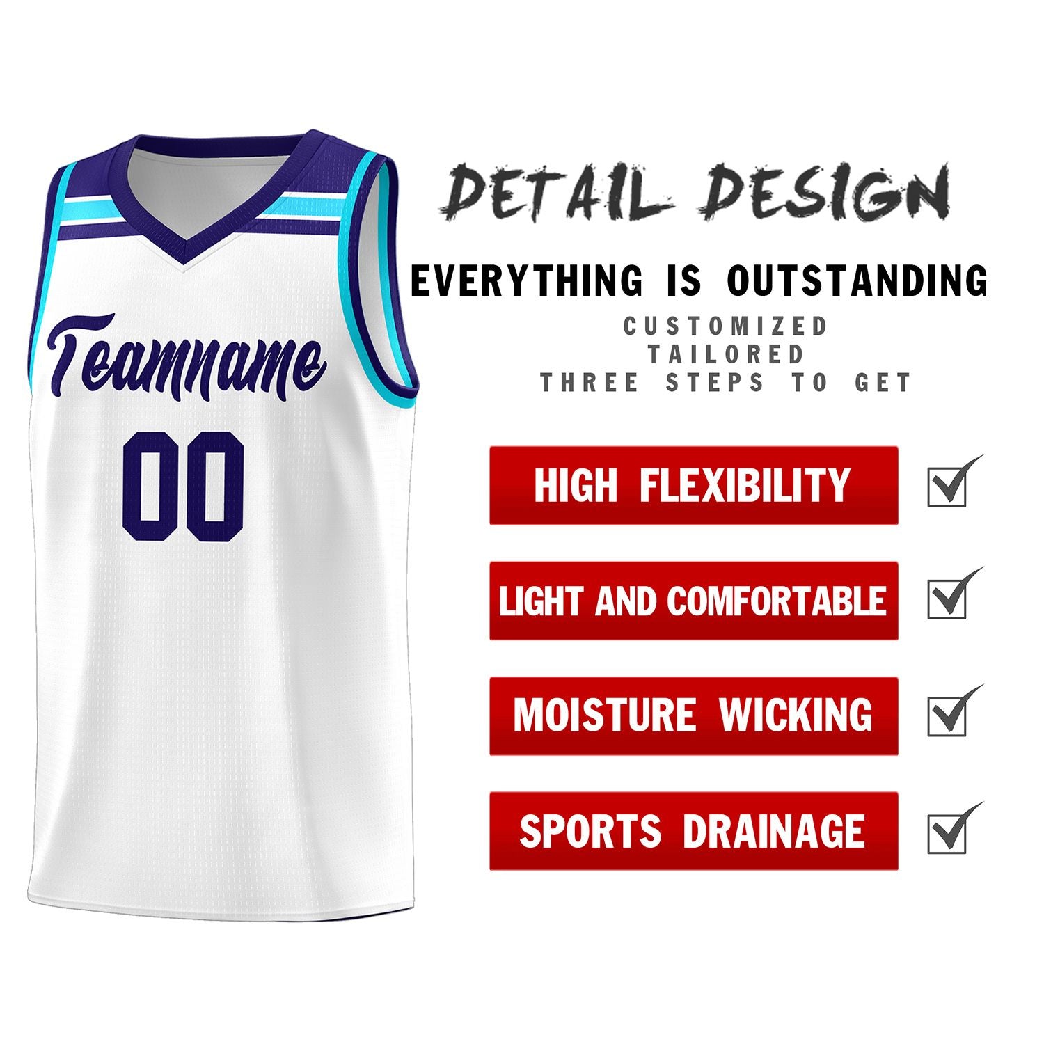 Custom White Purple-Sky Blue Classic Sports Uniform Basketball Jersey