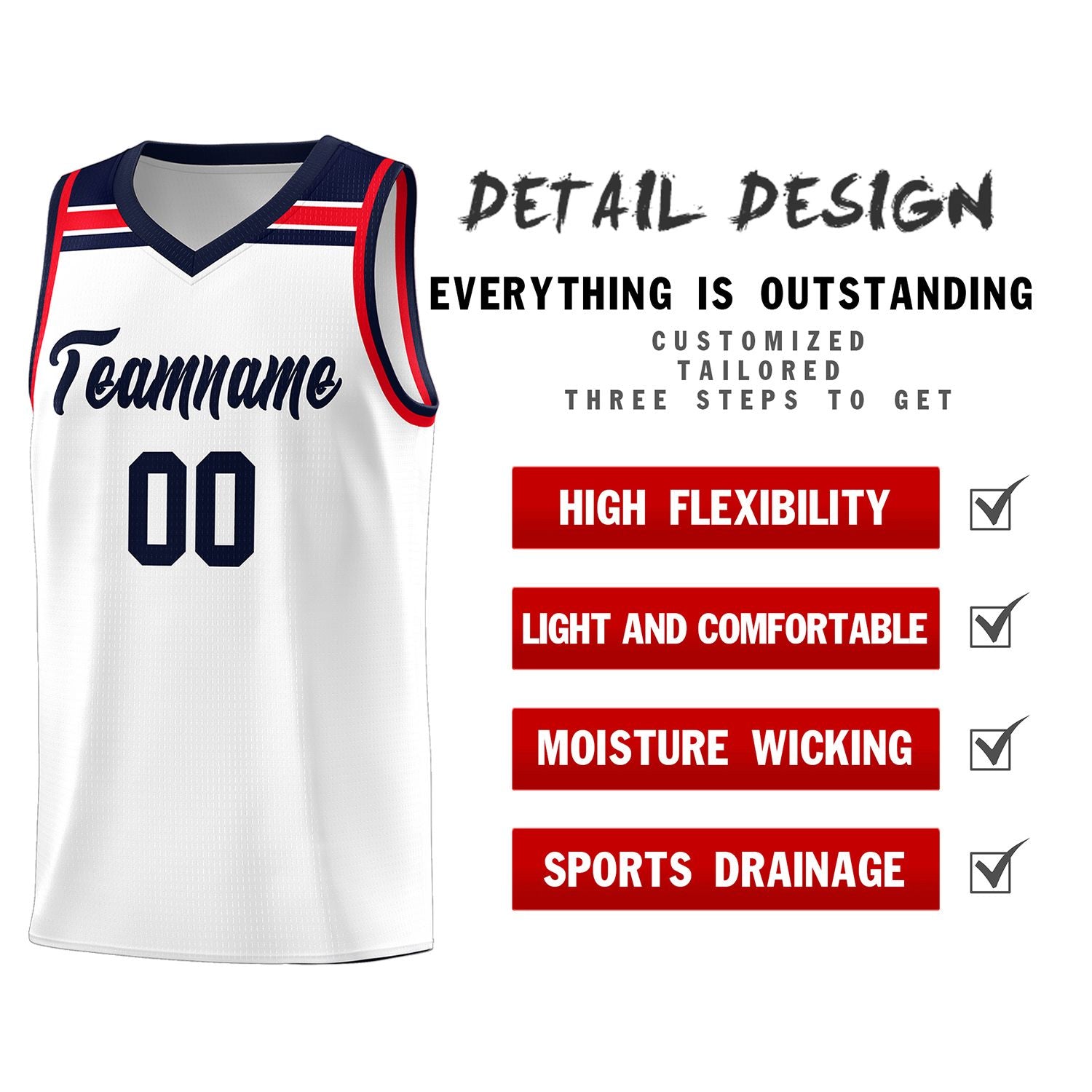 Custom White Navy-Red Classic Sports Uniform Basketball Jersey