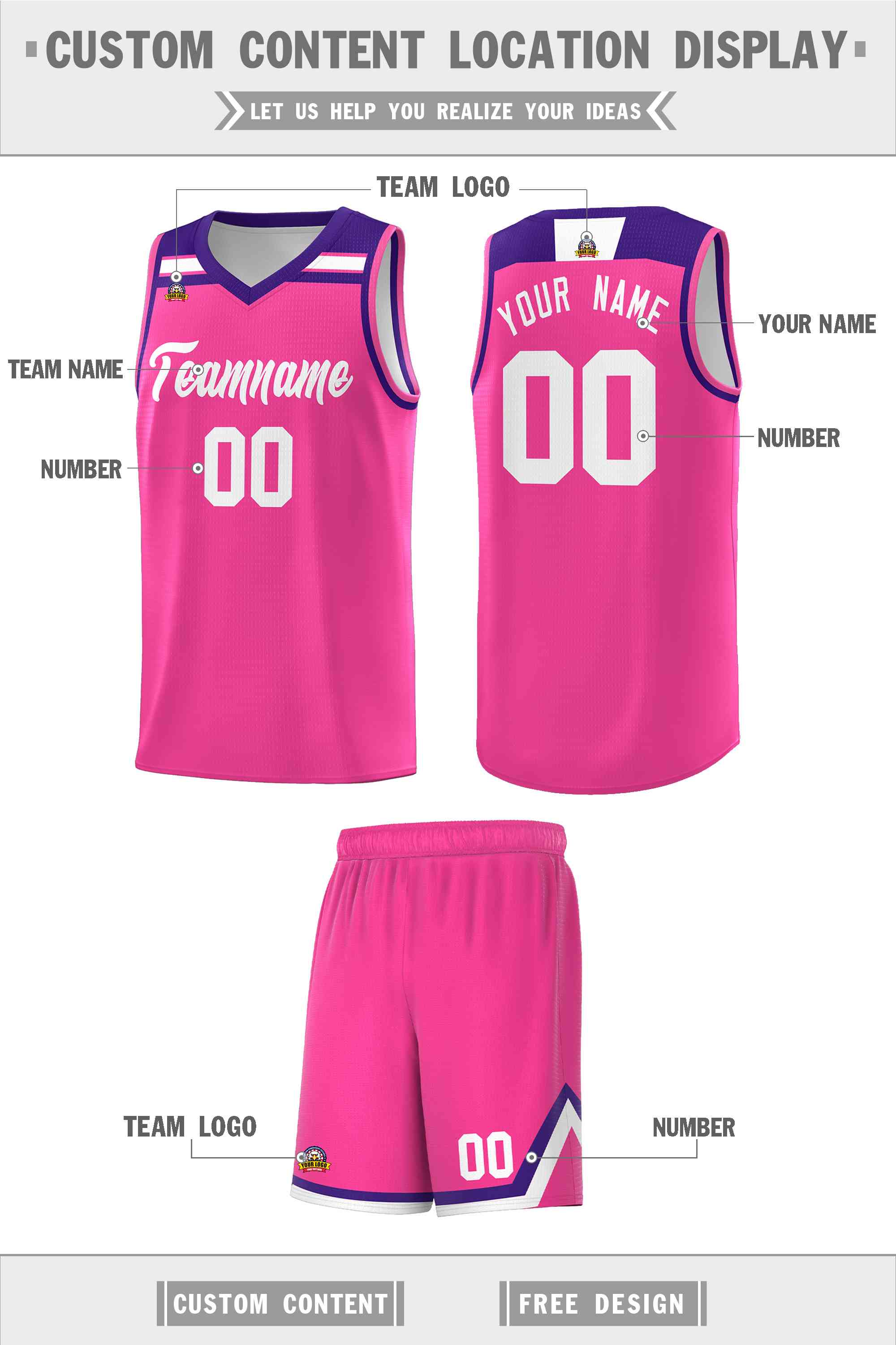 Custom Pink White-Purple Classic Sports Uniform Basketball Jersey