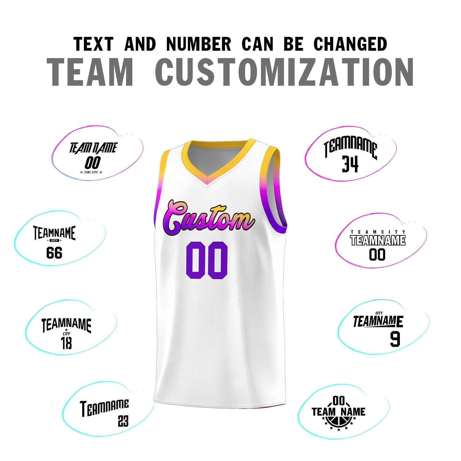 Custom White Personalized Gradient Font Sports Uniform Basketball Jersey