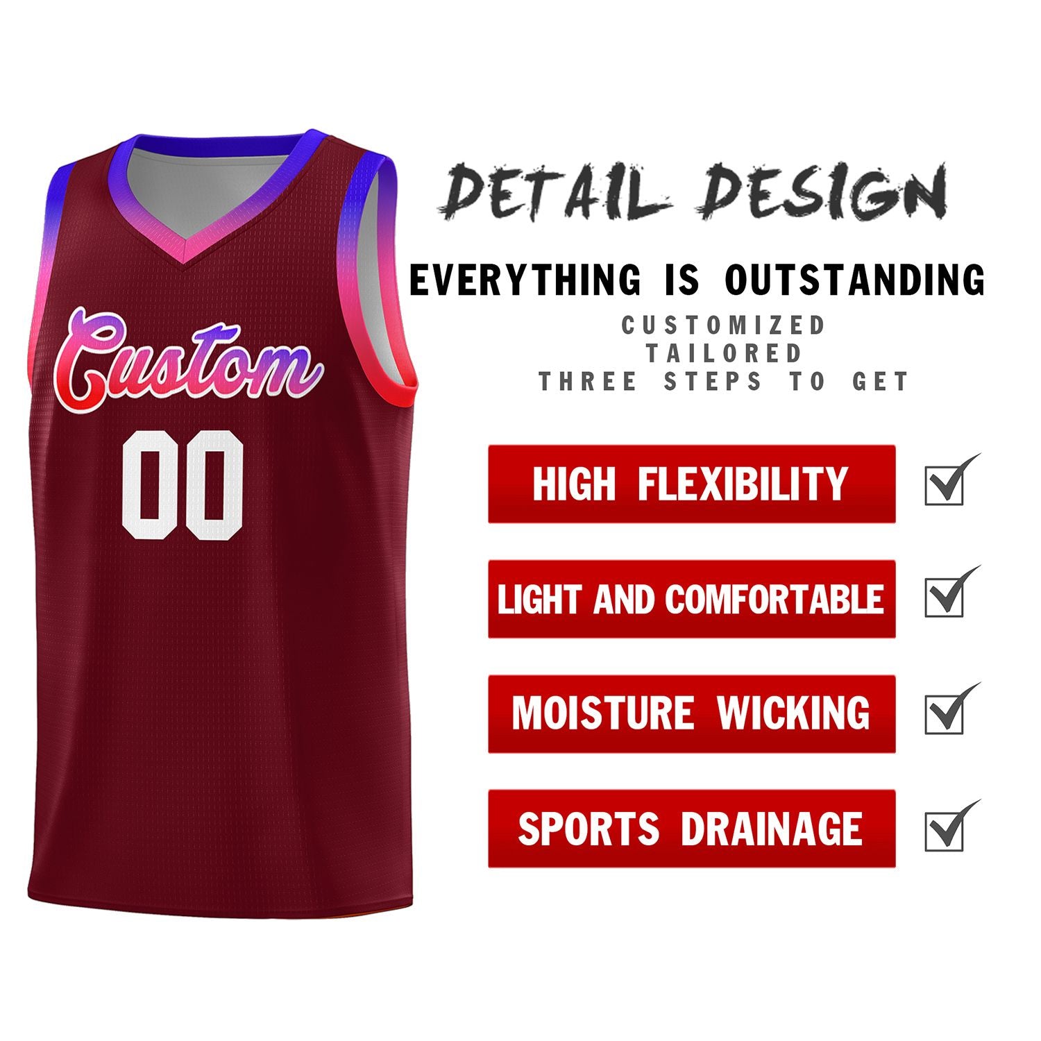 Custom Crimson Personalized Gradient Font Sports Uniform Basketball Jersey