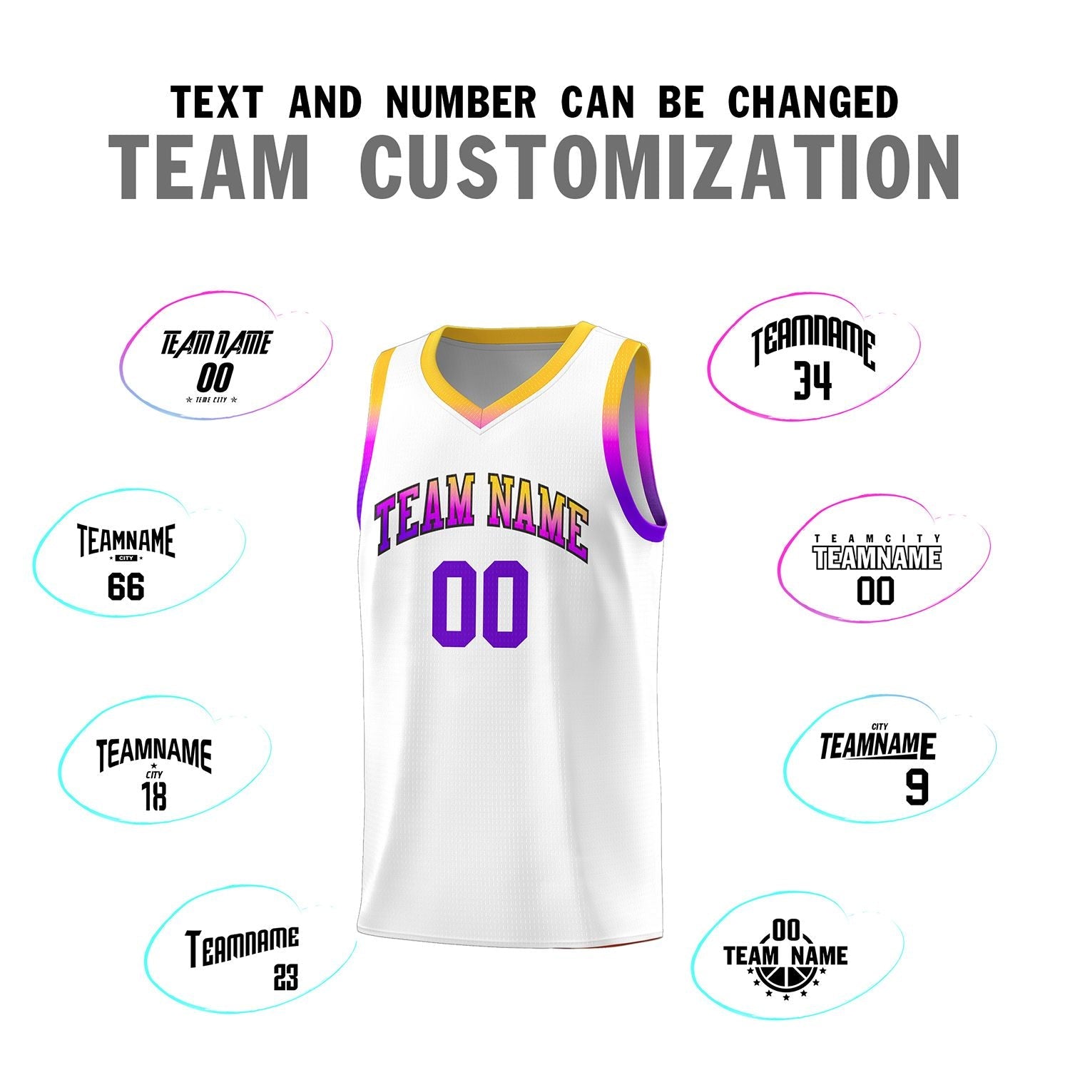 Custom White Personalized Gradient Font Sports Uniform Basketball Jersey