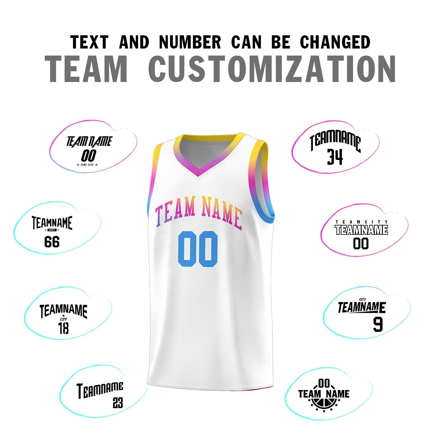 Custom White Personalized Gradient Font Sports Uniform Basketball Jersey