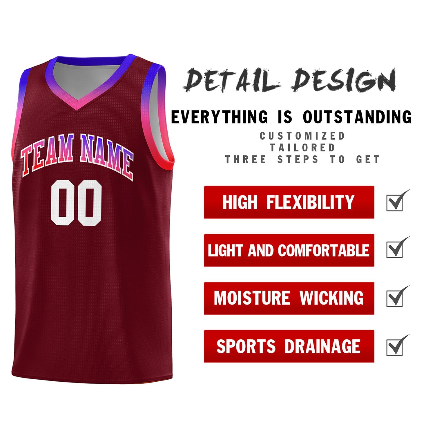 Custom Crimson Personalized Gradient Font Sports Uniform Basketball Jersey