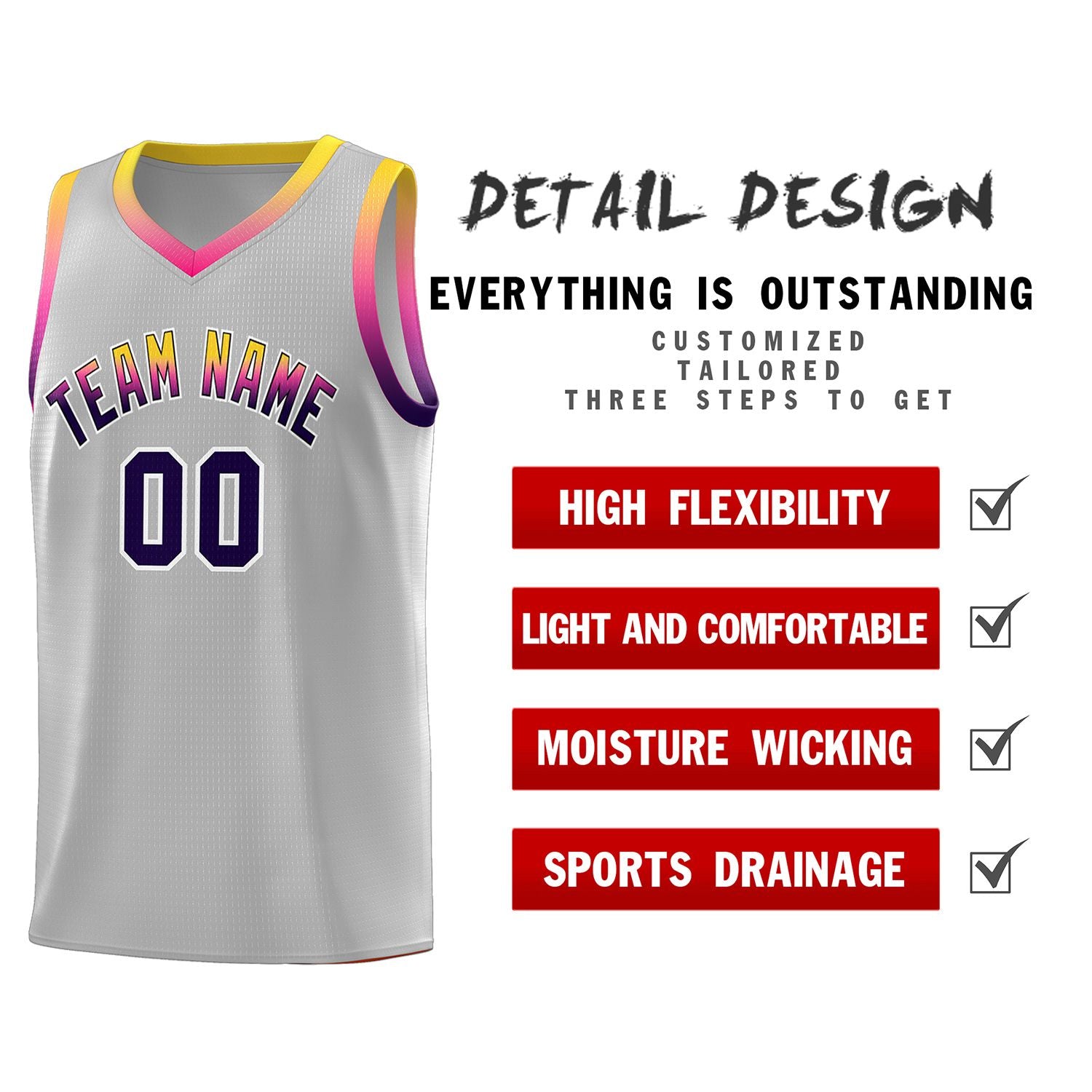 Custom Gray Personalized Gradient Font Sports Uniform Basketball Jersey