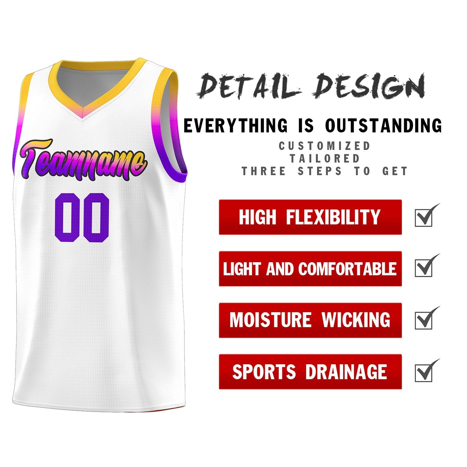 Custom White Personalized Gradient Font Sports Uniform Basketball Jersey