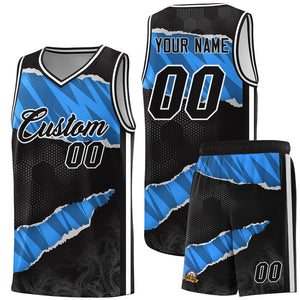 Custom Black Light Blue-Navy Tear Graffiti Pattern Sports Uniform Basketball Jersey