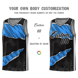 Custom Black Light Blue-Navy Tear Graffiti Pattern Sports Uniform Basketball Jersey