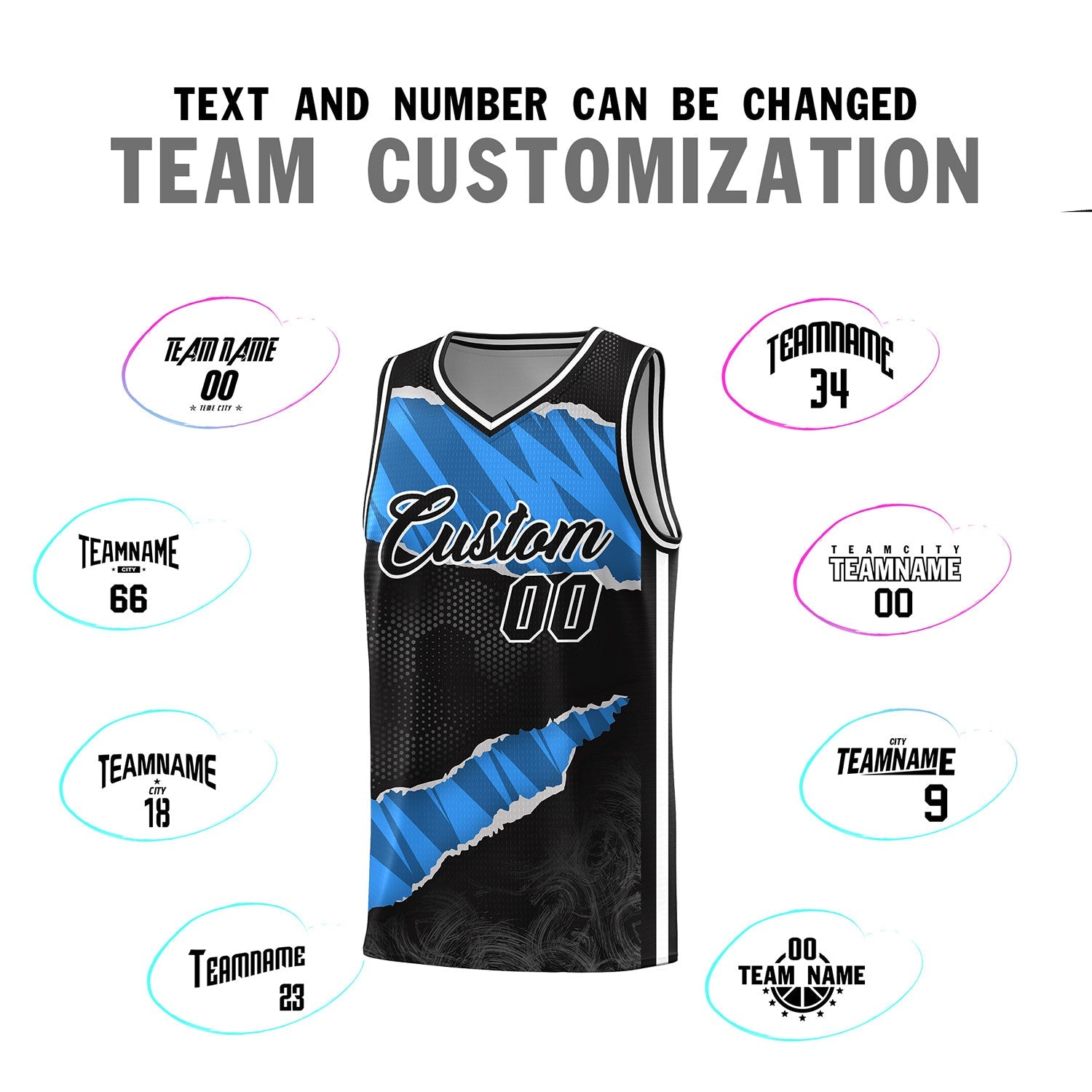 Custom Black Light Blue-Navy Tear Graffiti Pattern Sports Uniform Basketball Jersey