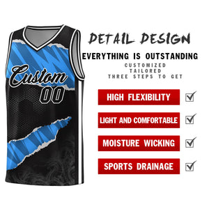 Custom Black Light Blue-Navy Tear Graffiti Pattern Sports Uniform Basketball Jersey