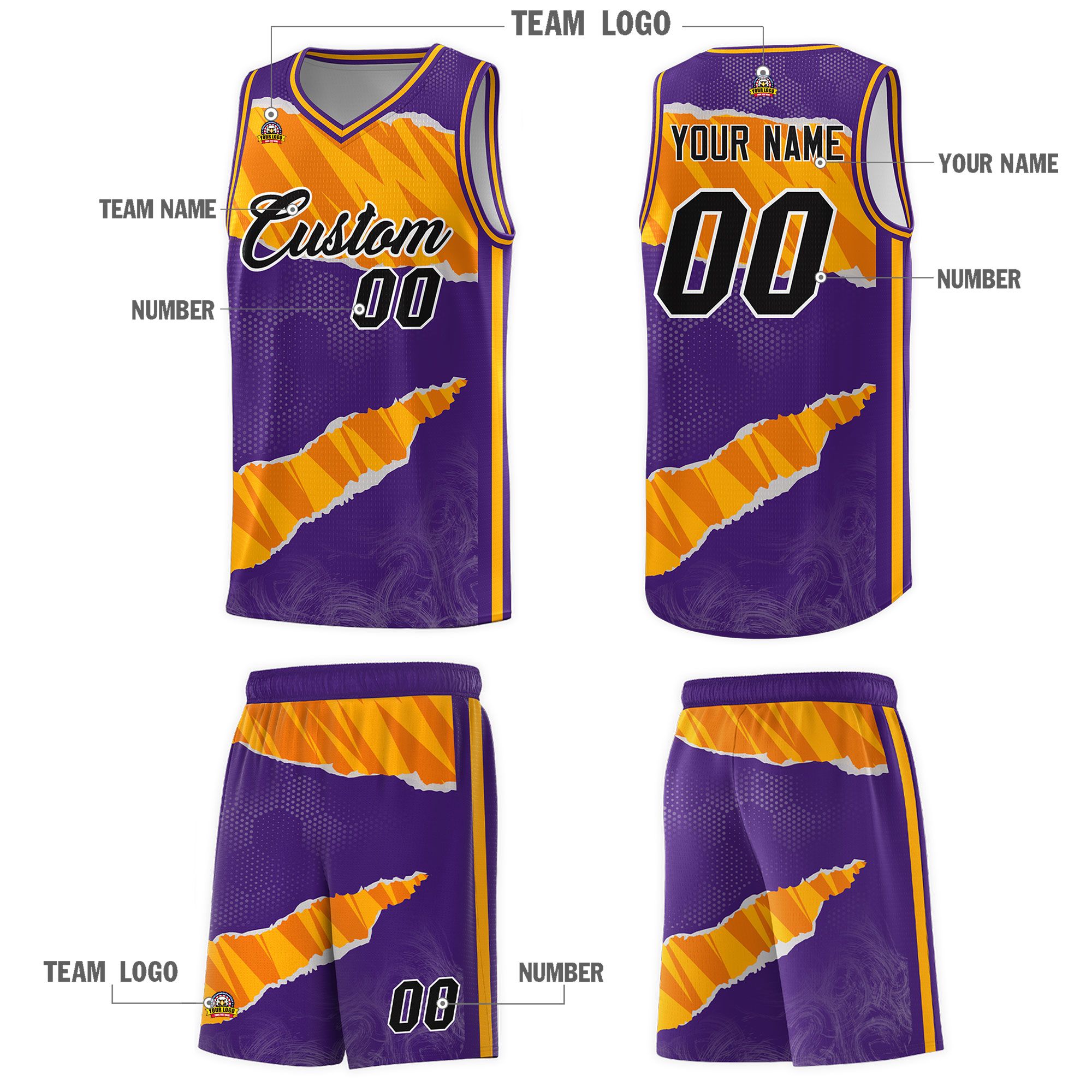 Custom Purple Yellow-Orange Tear Graffiti Pattern Sports Uniform Basketball Jersey