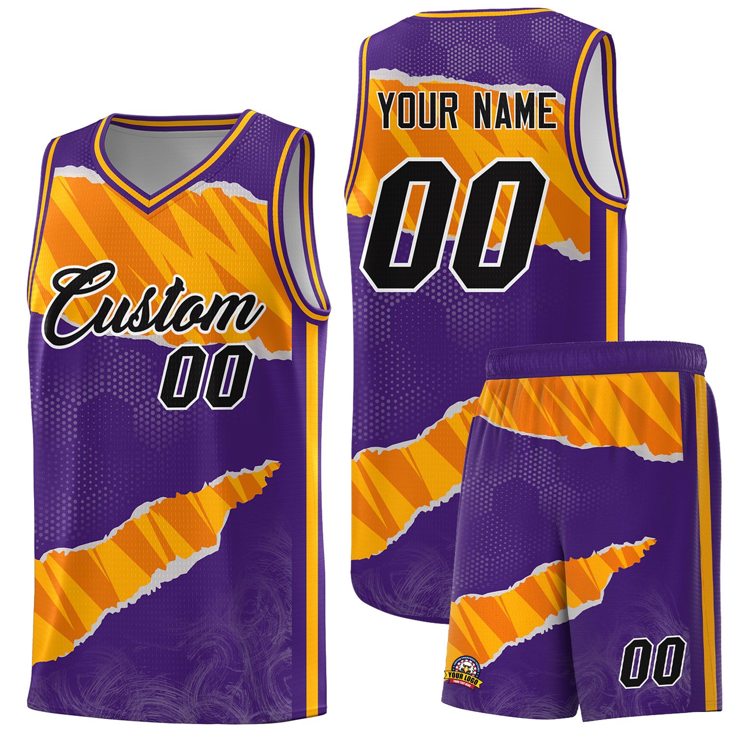 Custom Purple Yellow-Orange Tear Graffiti Pattern Sports Uniform Basketball Jersey