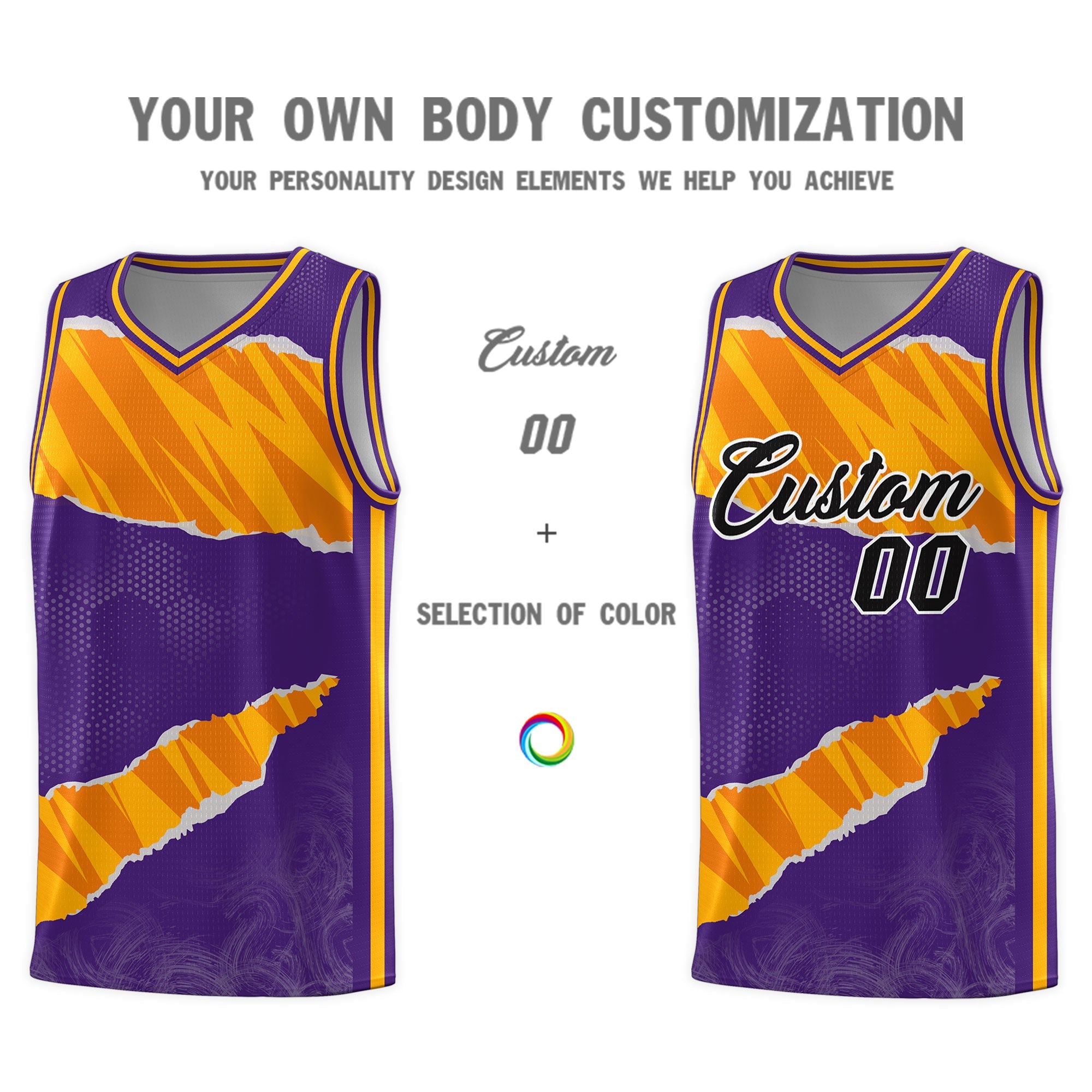 Custom Purple Yellow-Orange Tear Graffiti Pattern Sports Uniform Basketball Jersey