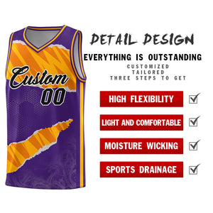 Custom Purple Yellow-Orange Tear Graffiti Pattern Sports Uniform Basketball Jersey