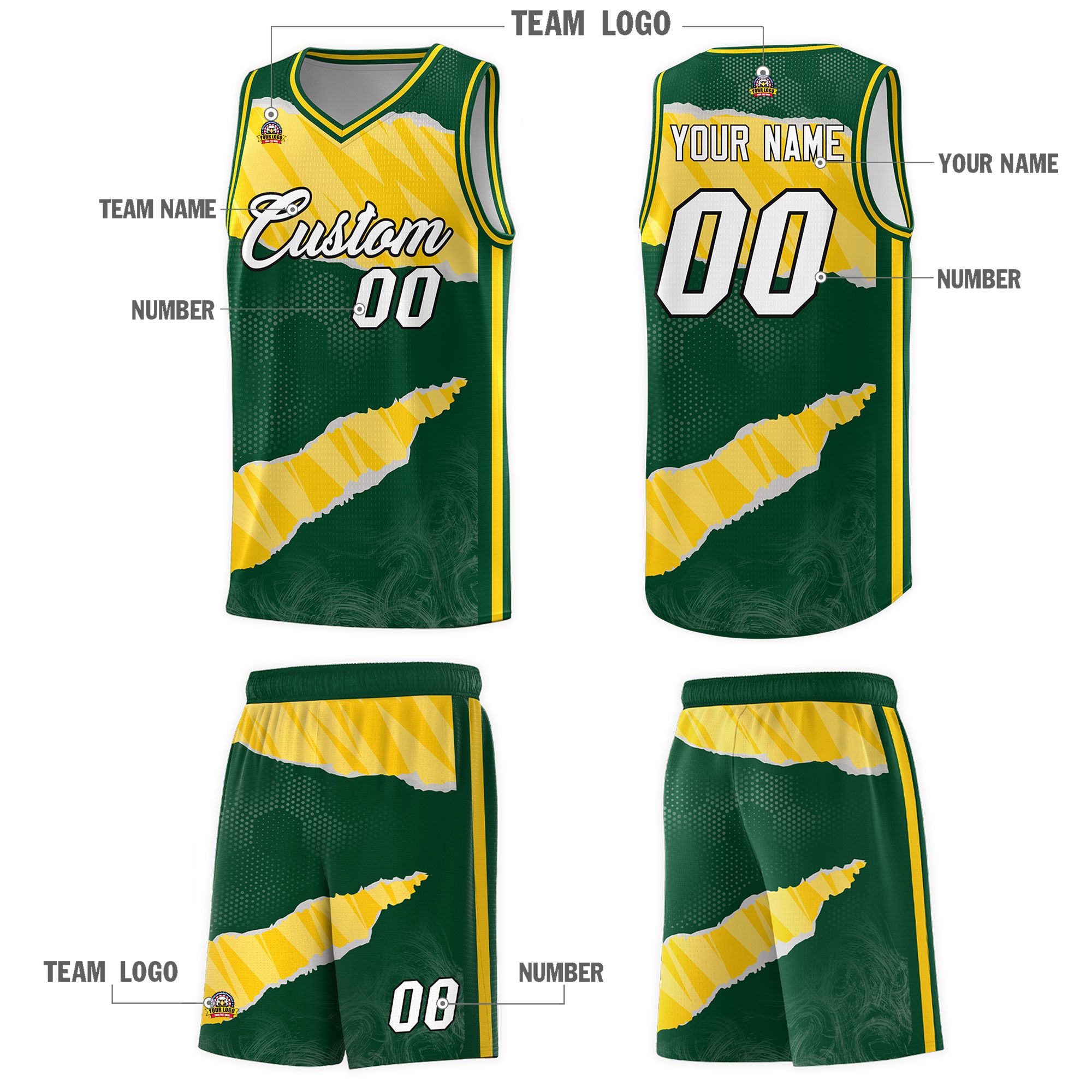 Custom Hunter Green Gold-White Tear Graffiti Pattern Sports Uniform Basketball Jersey