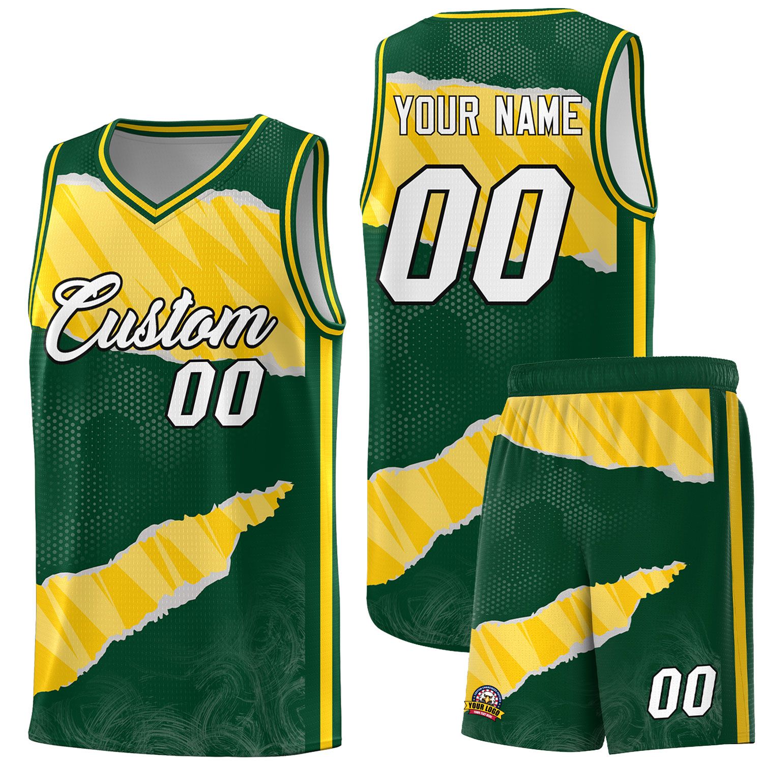 Custom Hunter Green Gold-White Tear Graffiti Pattern Sports Uniform Basketball Jersey