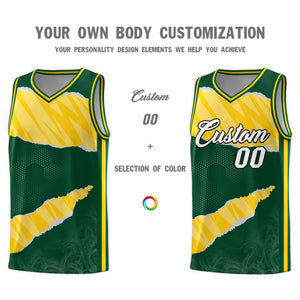 Custom Hunter Green Gold-White Tear Graffiti Pattern Sports Uniform Basketball Jersey