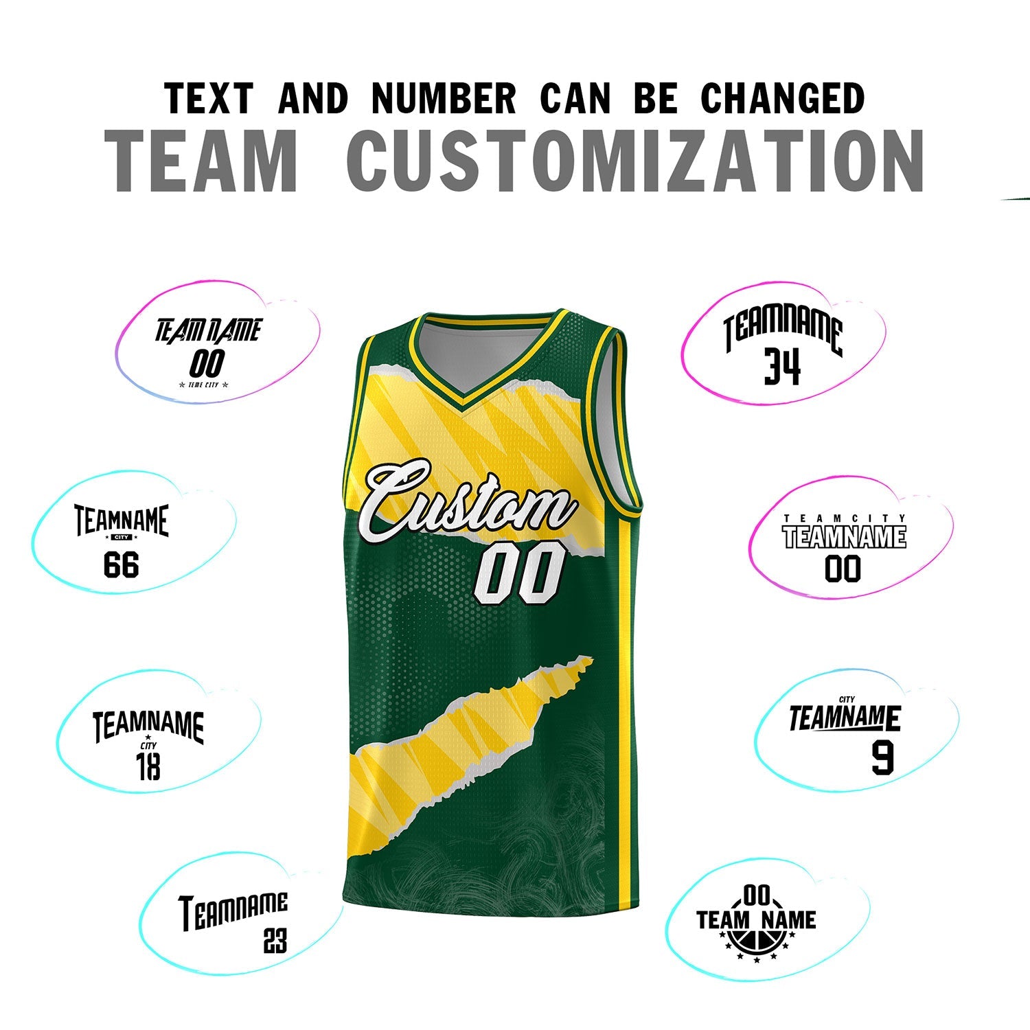 Custom Hunter Green Gold-White Tear Graffiti Pattern Sports Uniform Basketball Jersey