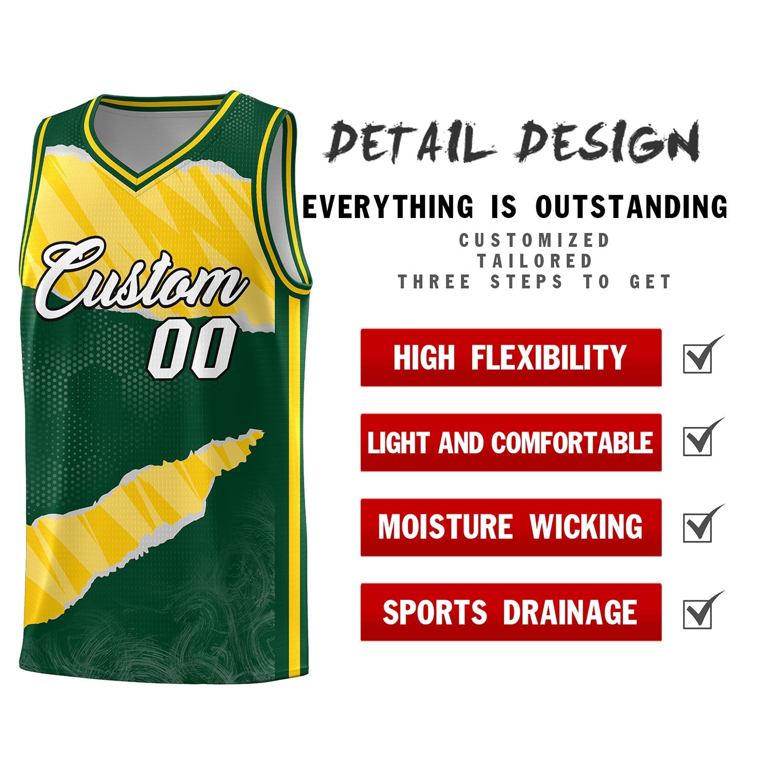 Custom Hunter Green Gold-White Tear Graffiti Pattern Sports Uniform Basketball Jersey