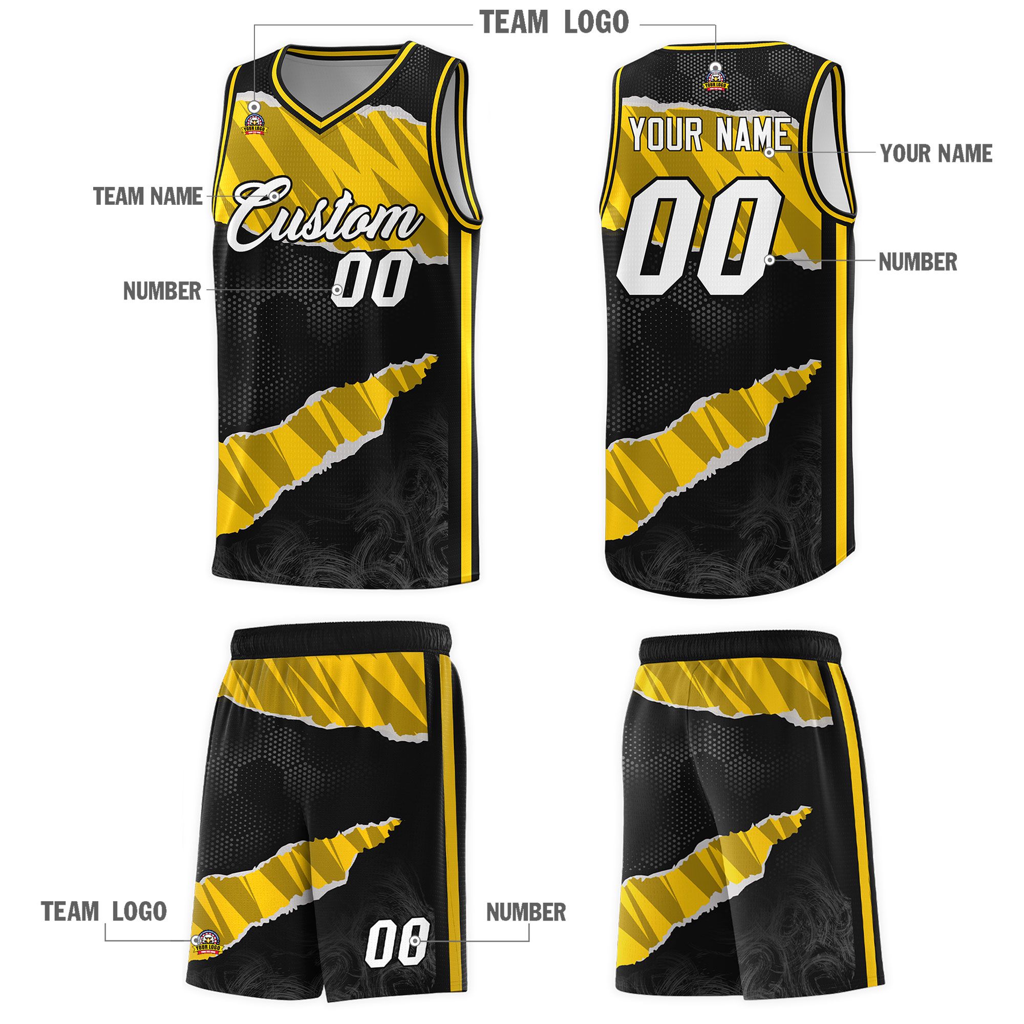 Custom Black Gold-Black Tear Graffiti Pattern Sports Uniform Basketball Jersey