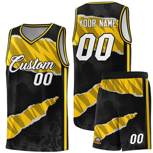 Custom Black Gold-Black Tear Graffiti Pattern Sports Uniform Basketball Jersey