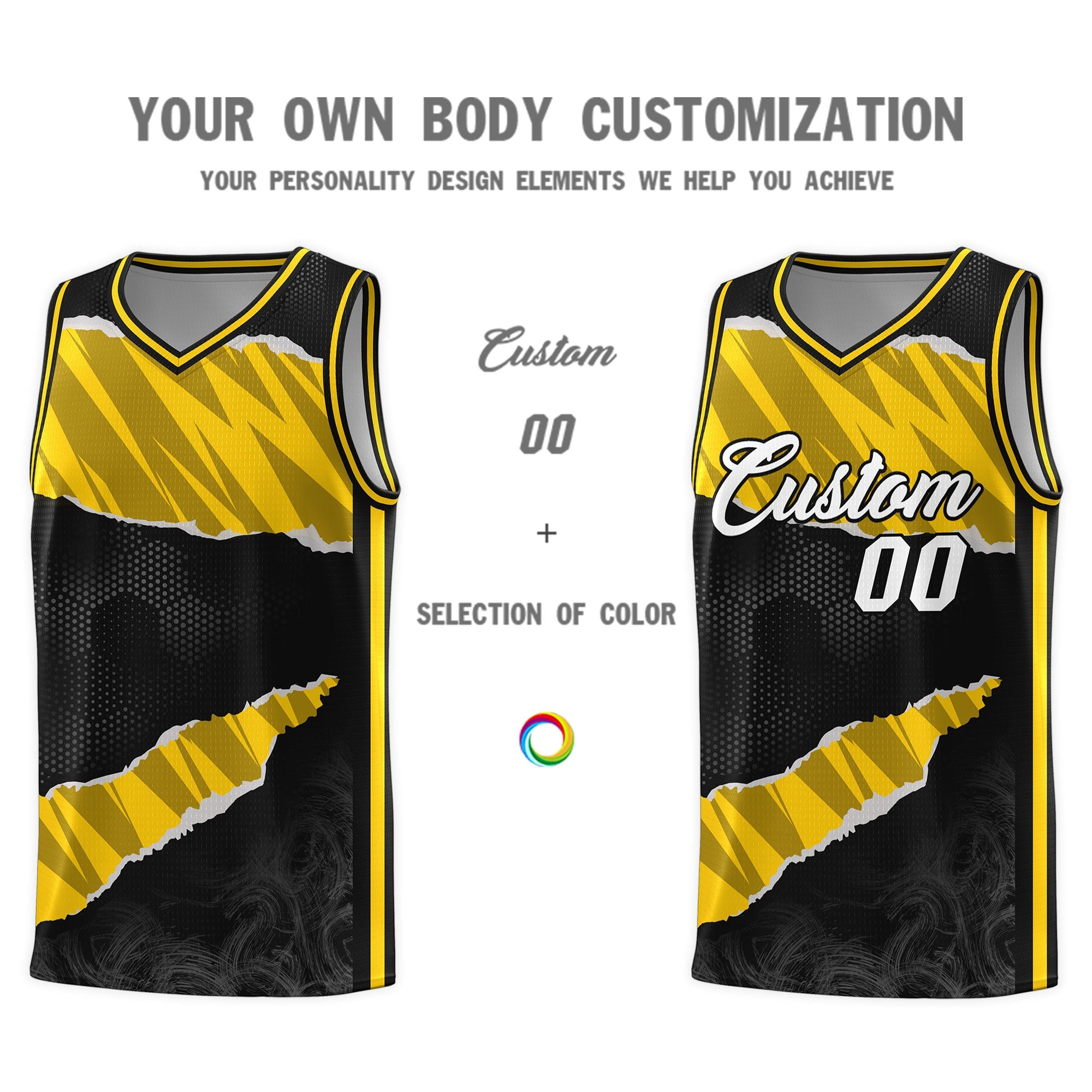 Custom Black Gold-Black Tear Graffiti Pattern Sports Uniform Basketball Jersey