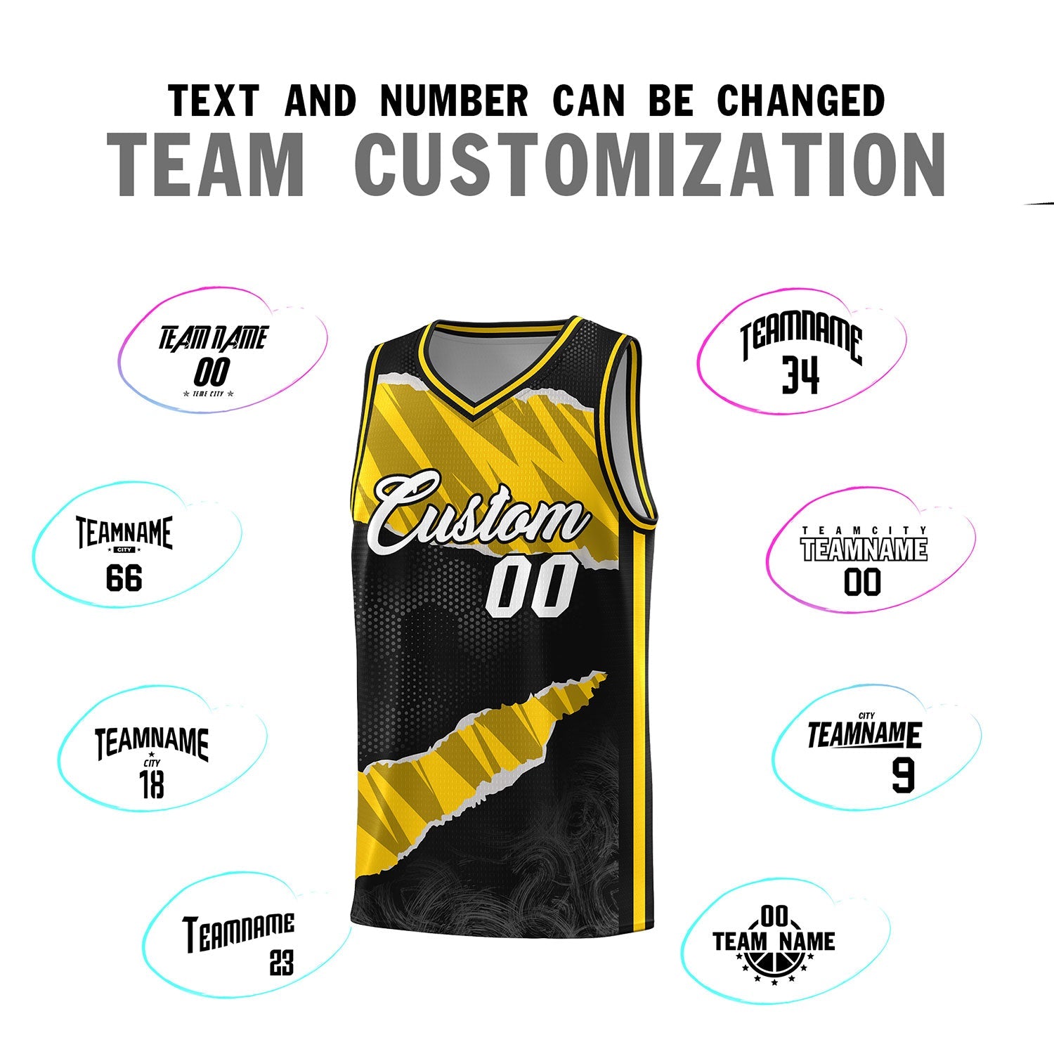 Custom Black Gold-Black Tear Graffiti Pattern Sports Uniform Basketball Jersey