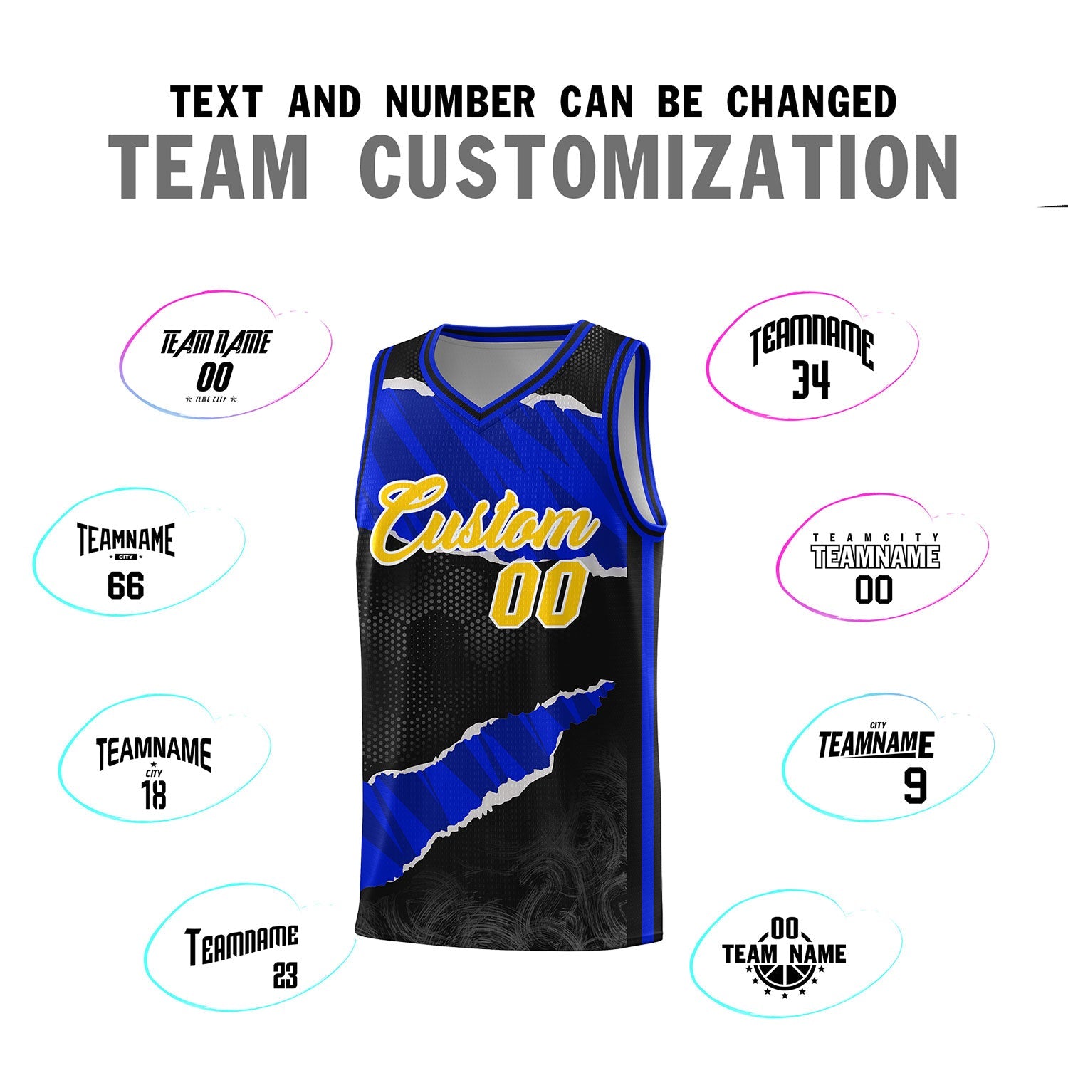 Custom Black Royal-Navy Tear Graffiti Pattern Sports Uniform Basketball Jersey