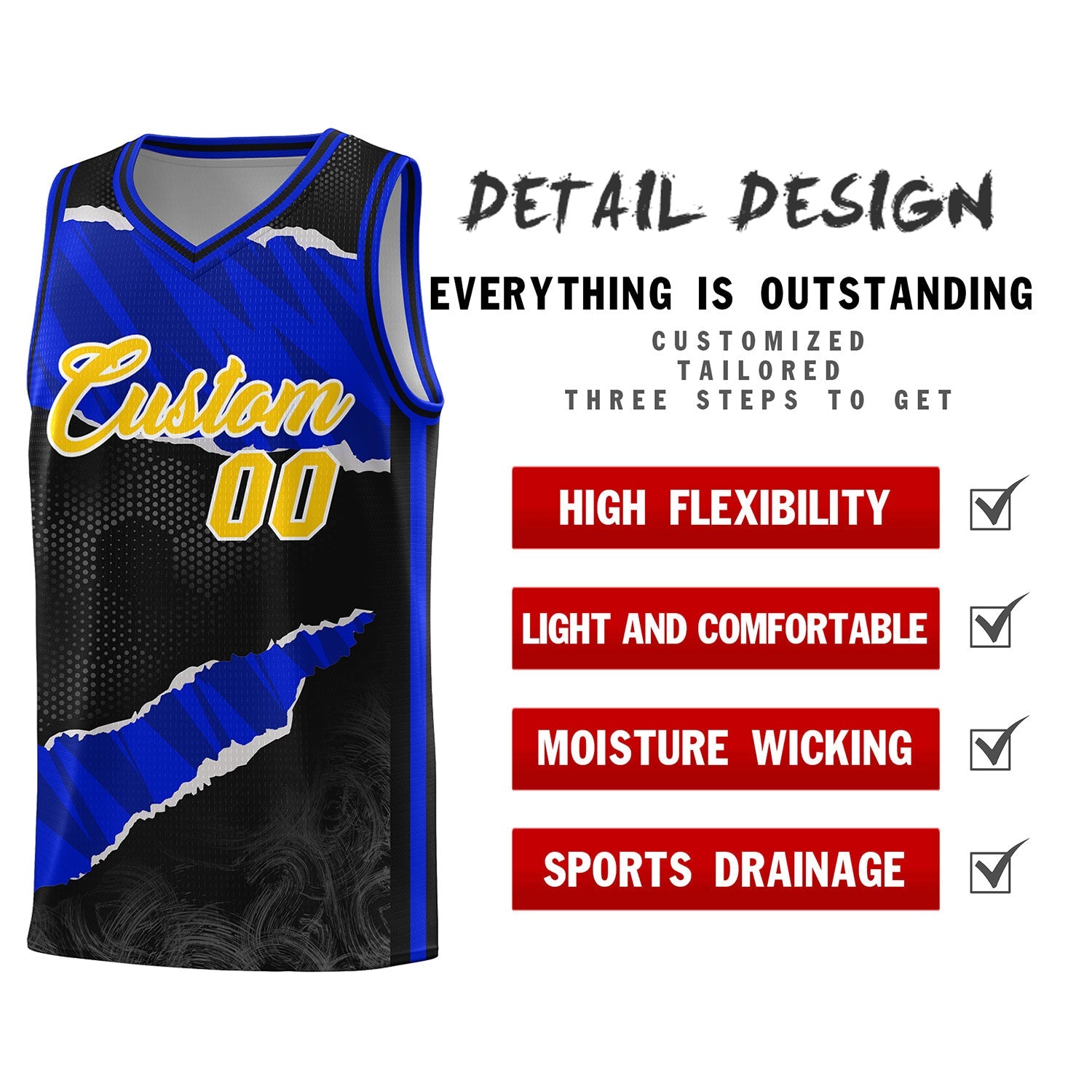 Custom Black Royal-Navy Tear Graffiti Pattern Sports Uniform Basketball Jersey