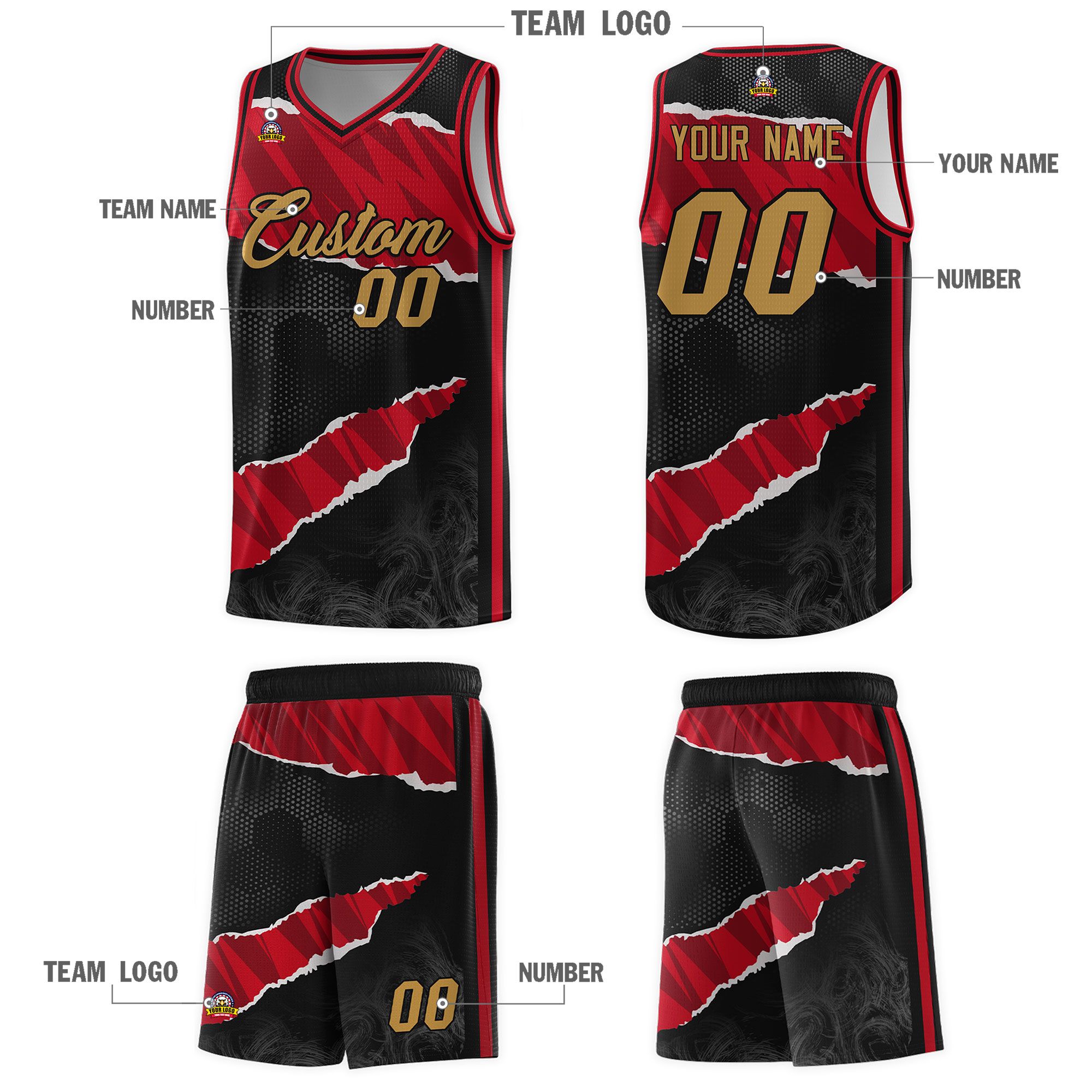 Custom Black Red-Black Tear Graffiti Pattern Sports Uniform Basketball Jersey