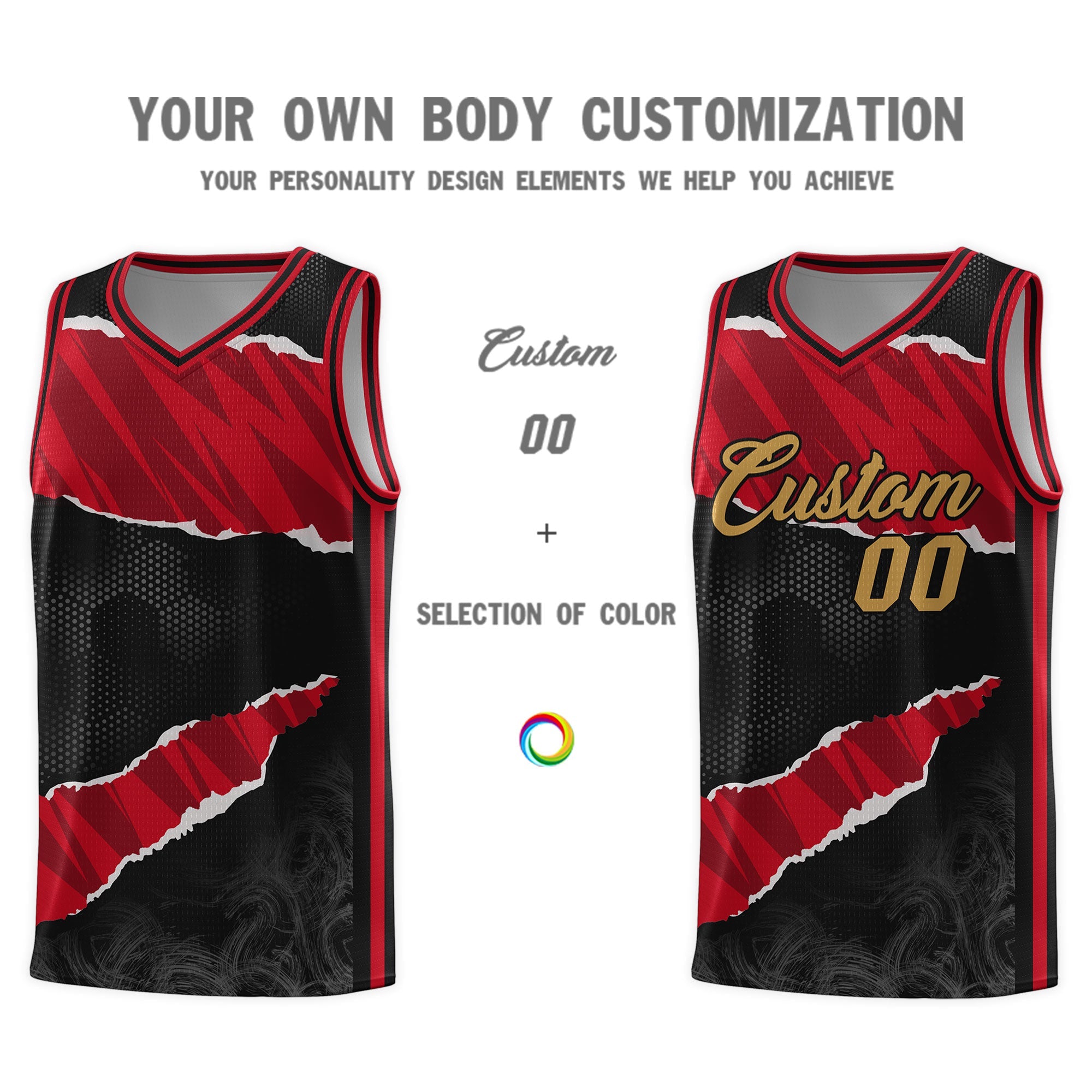 Custom Black Red-Black Tear Graffiti Pattern Sports Uniform Basketball Jersey