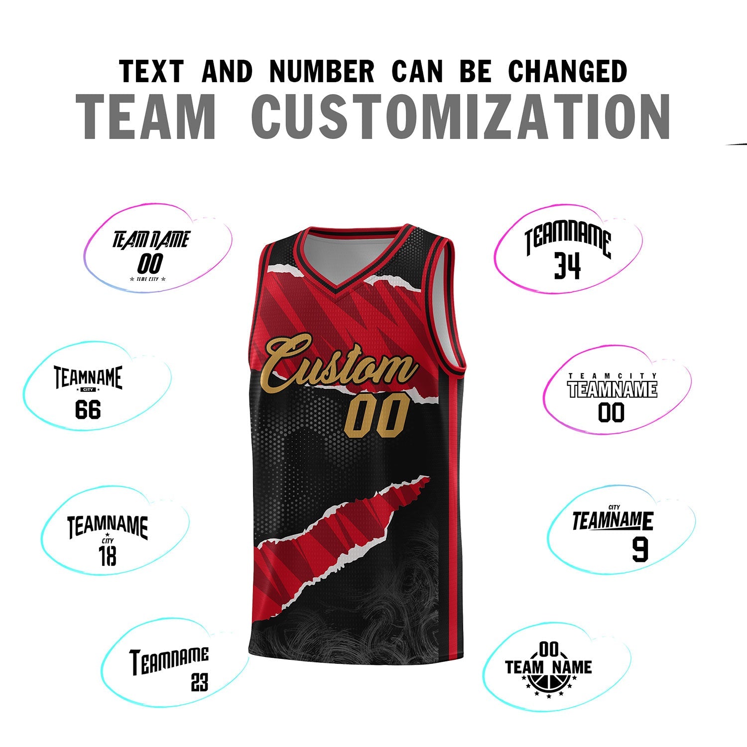 Custom Black Red-Black Tear Graffiti Pattern Sports Uniform Basketball Jersey