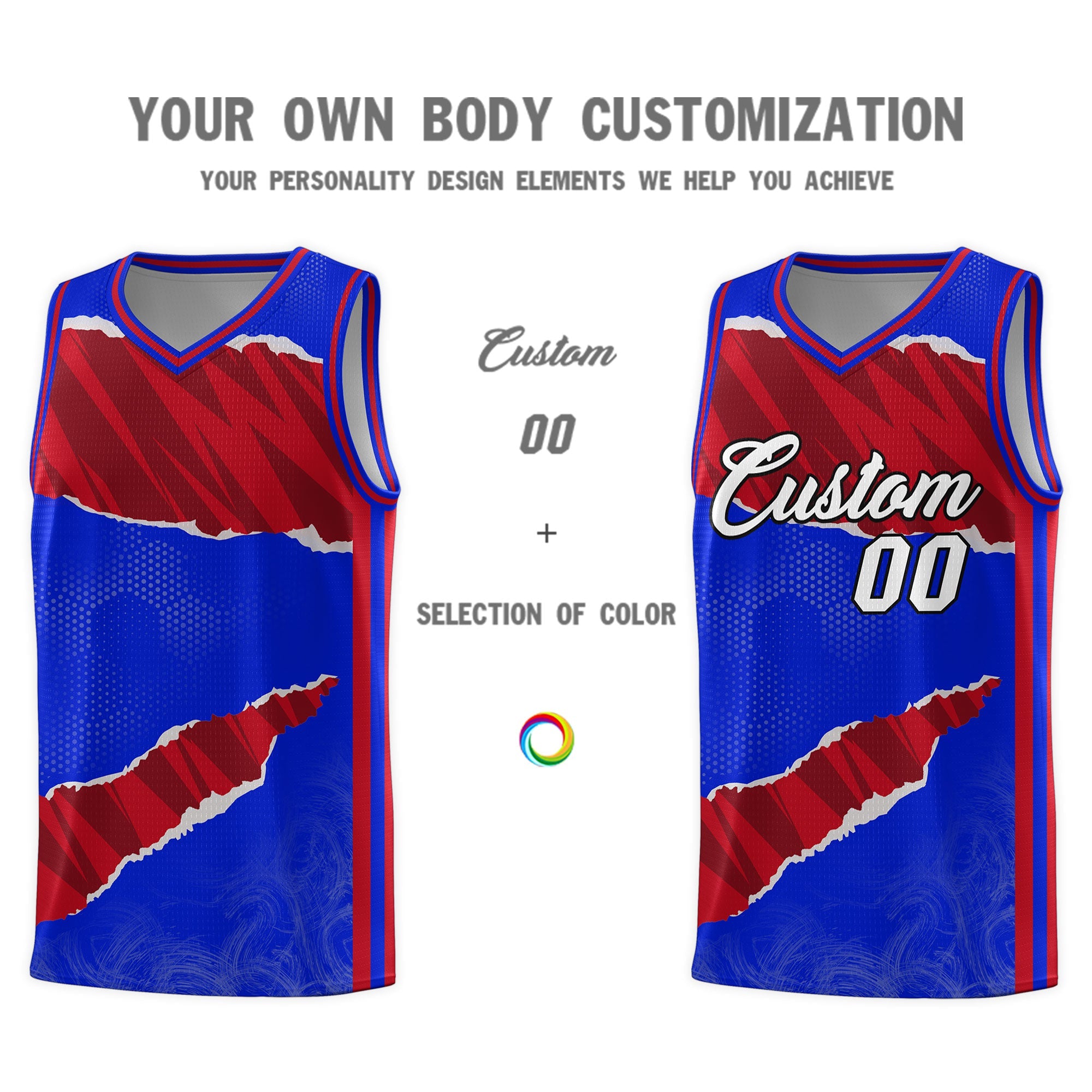 Custom Royal Red-Black Tear Graffiti Pattern Sports Uniform Basketball Jersey