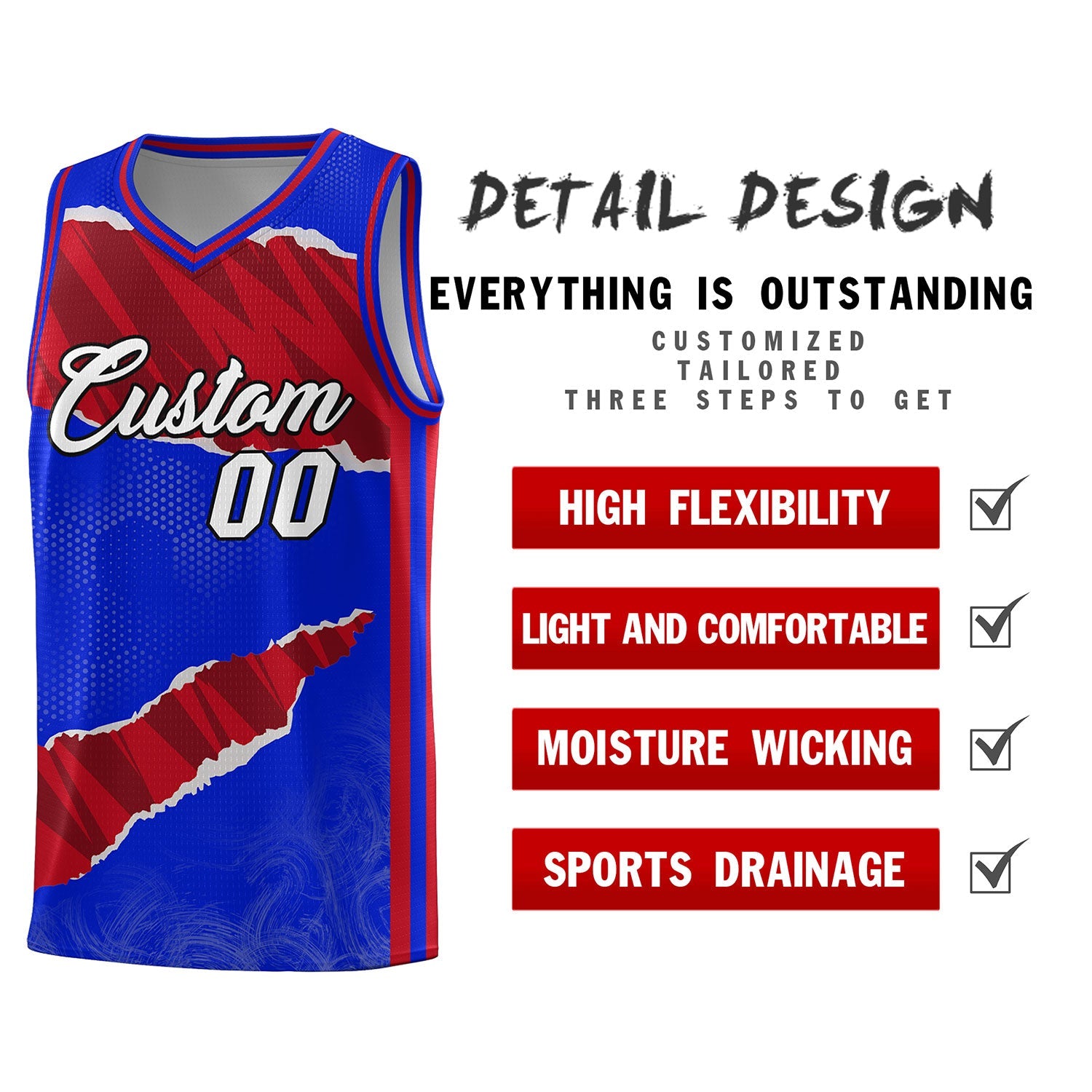 Custom Royal Red-Black Tear Graffiti Pattern Sports Uniform Basketball Jersey