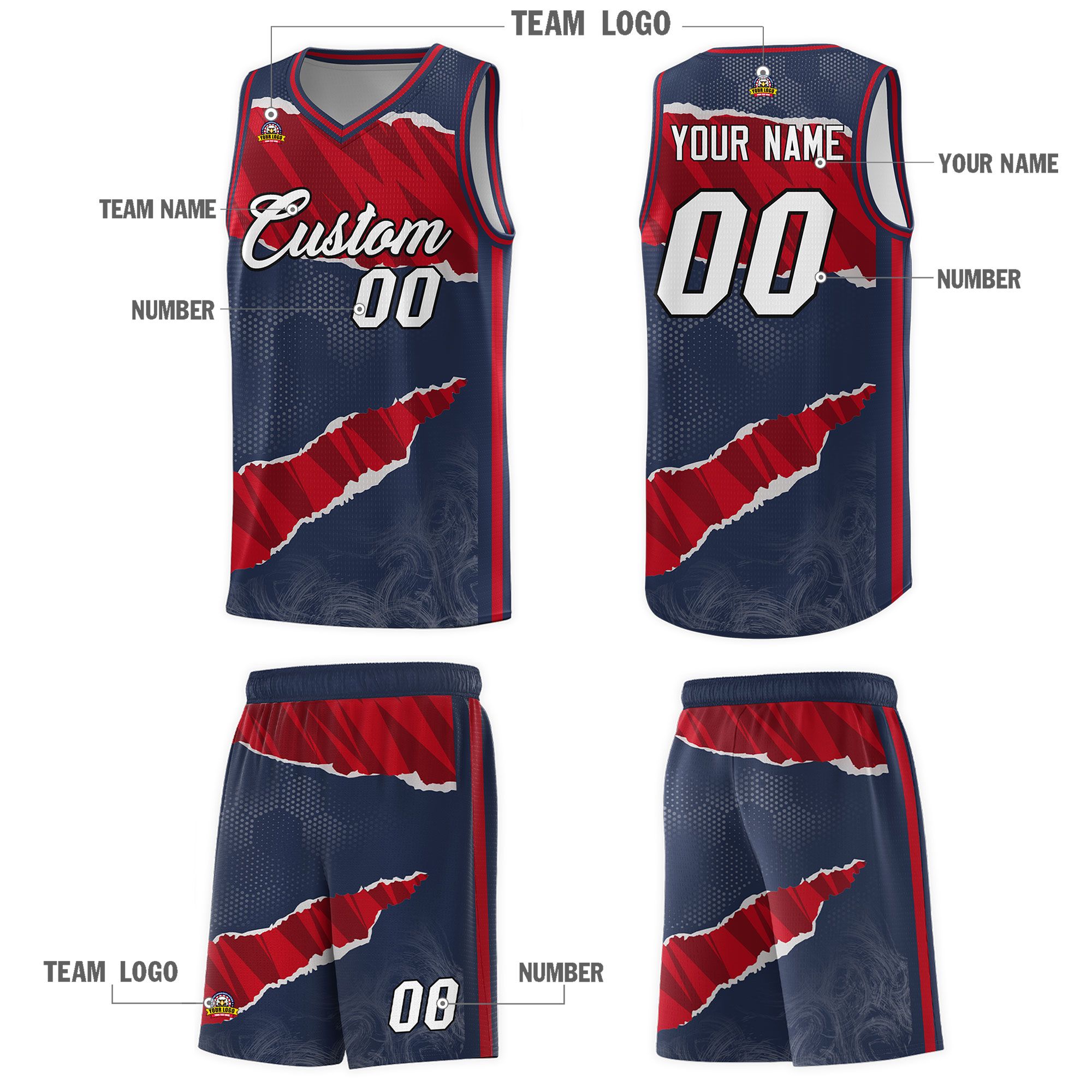 Custom Midnight Blue Red-Black Tear Graffiti Pattern Sports Uniform Basketball Jersey