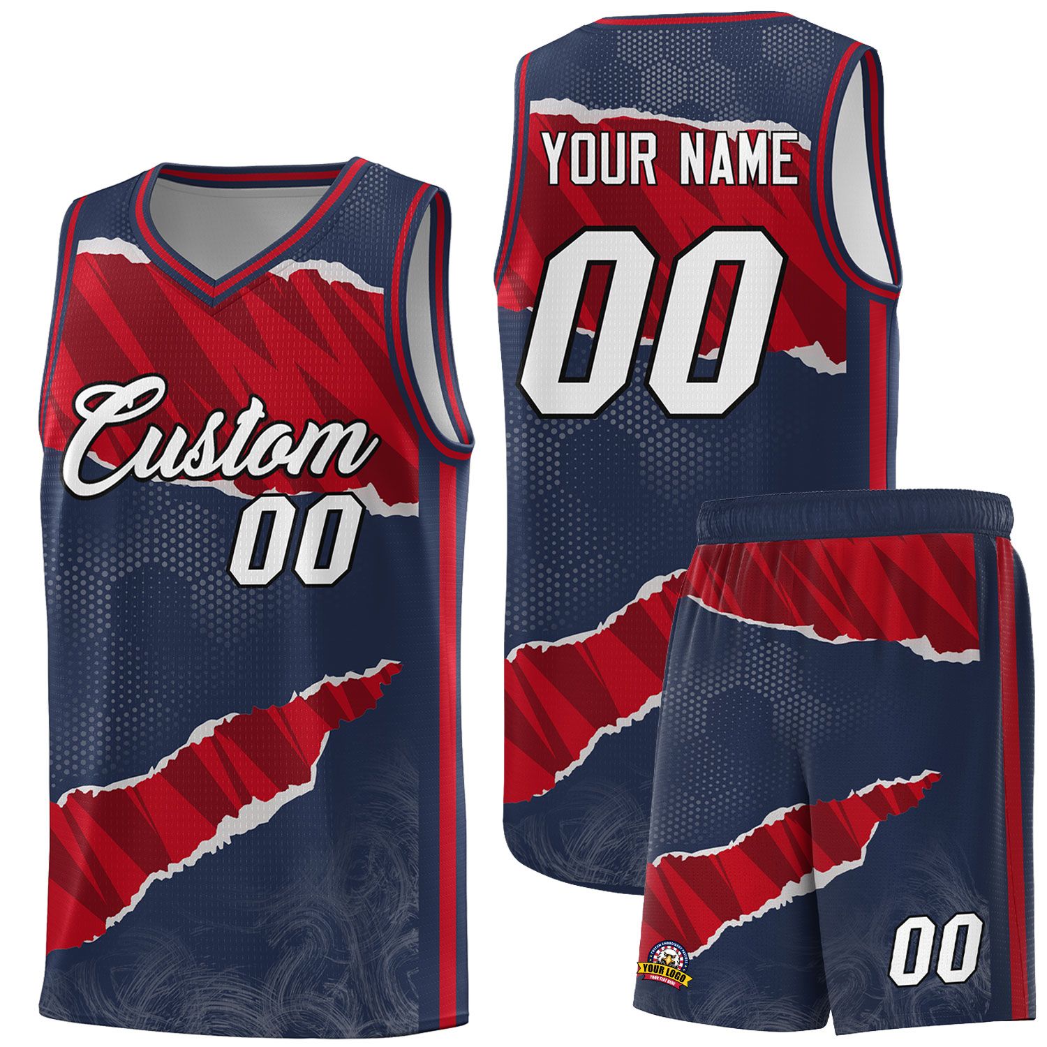 Custom Midnight Blue Red-Black Tear Graffiti Pattern Sports Uniform Basketball Jersey