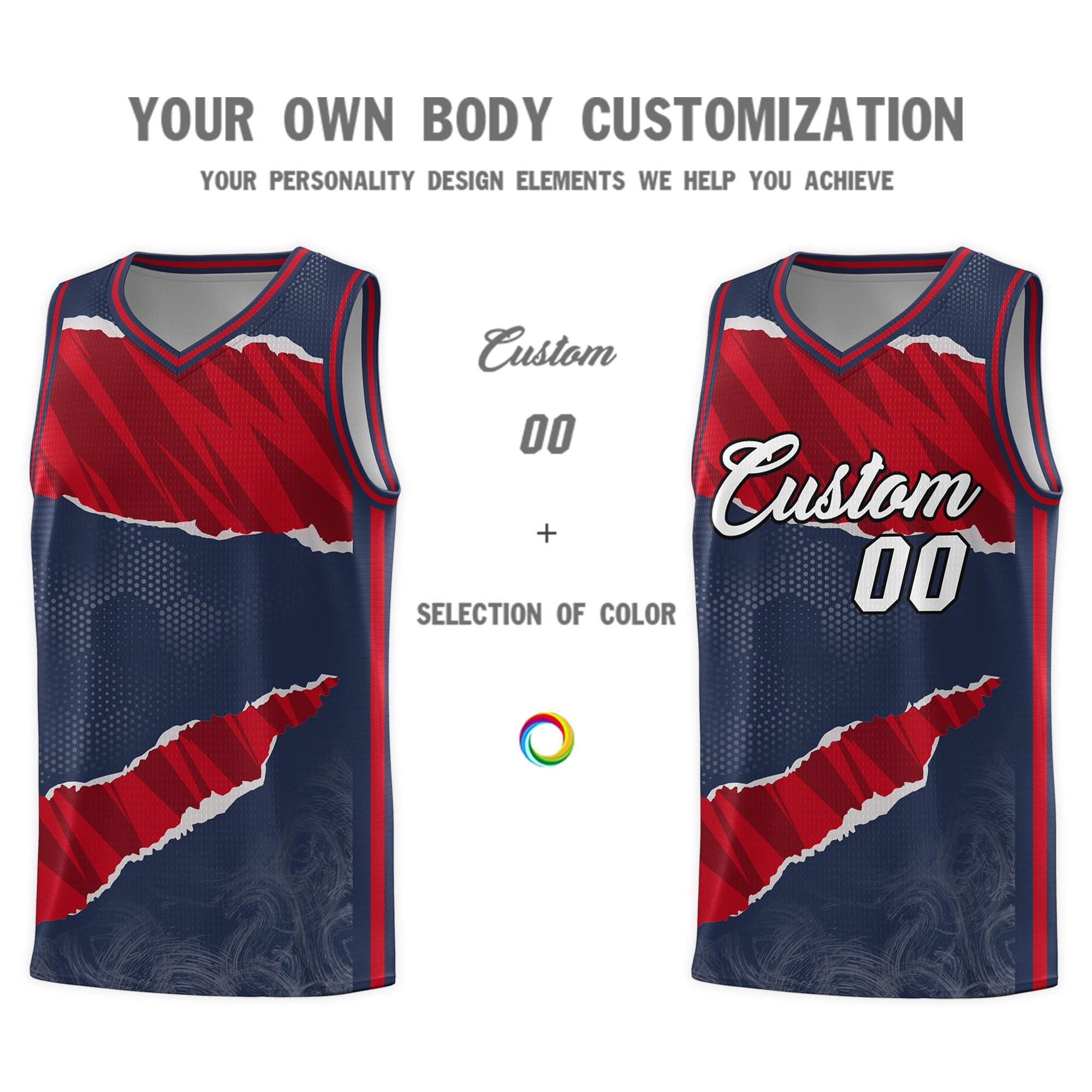 Custom Midnight Blue Red-Black Tear Graffiti Pattern Sports Uniform Basketball Jersey