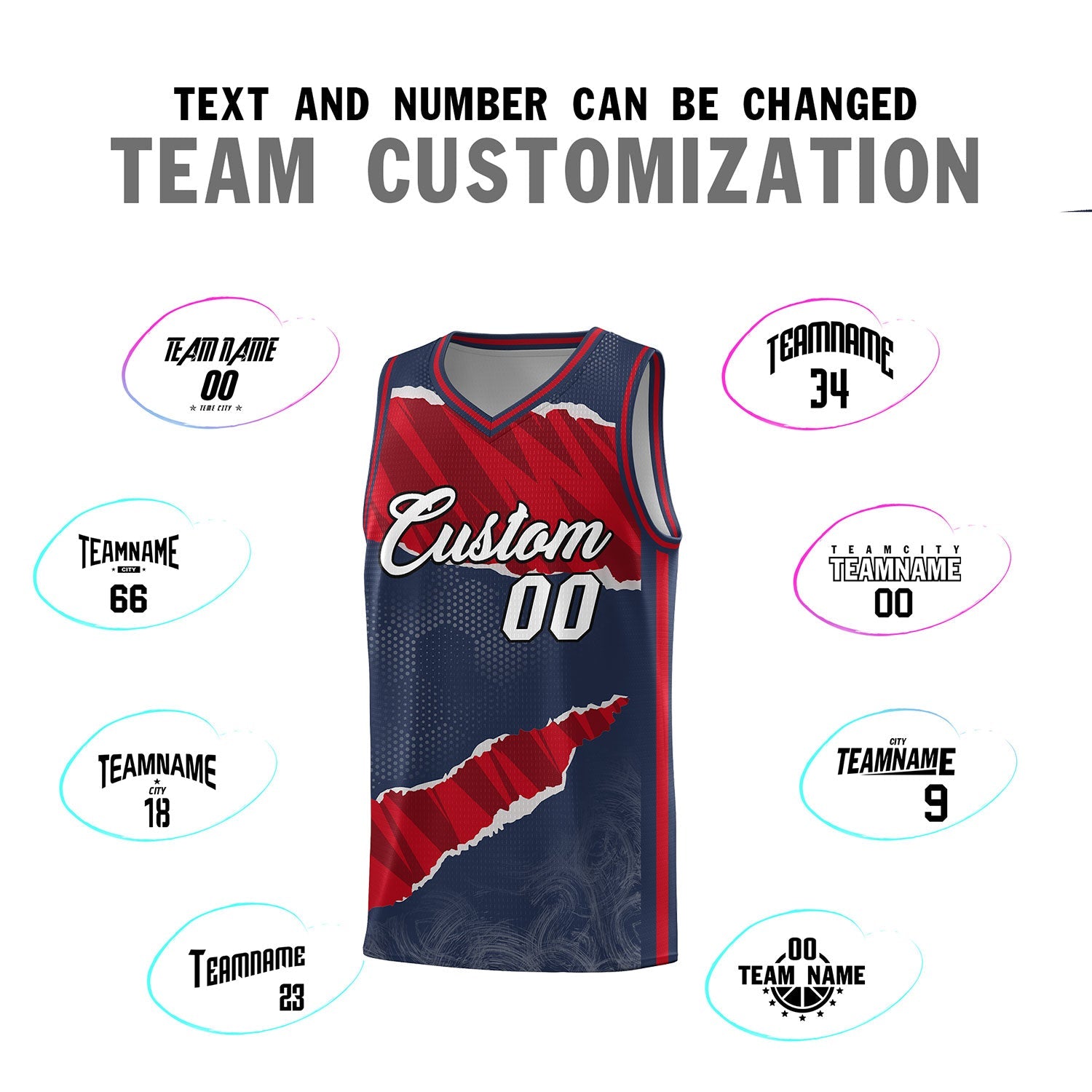 Custom Midnight Blue Red-Black Tear Graffiti Pattern Sports Uniform Basketball Jersey