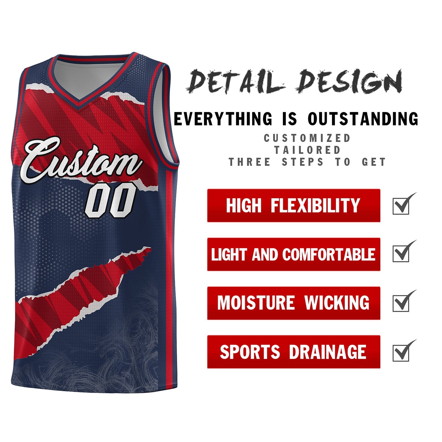 Custom Midnight Blue Red-Black Tear Graffiti Pattern Sports Uniform Basketball Jersey