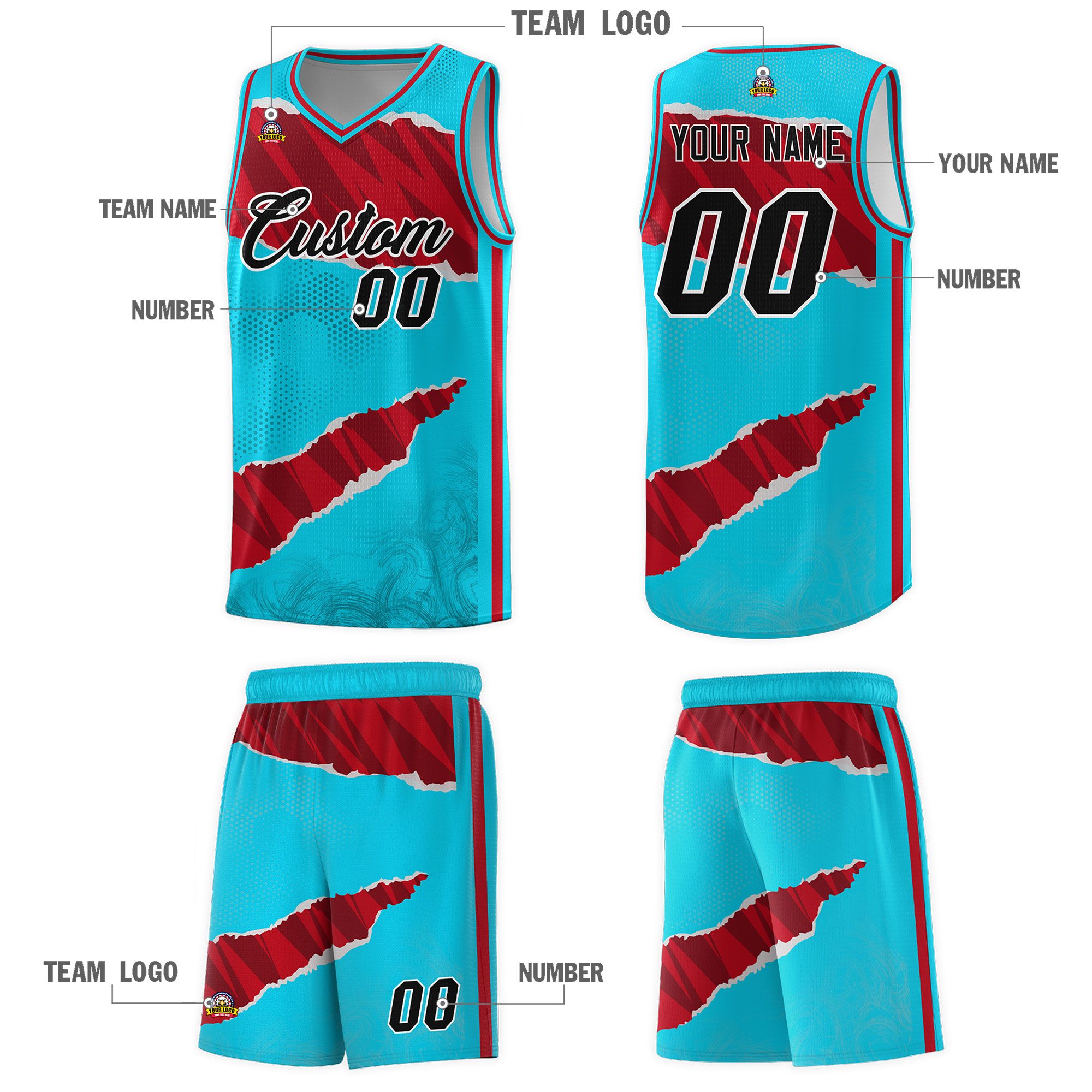 Custom Sky Blue Red-Black Tear Graffiti Pattern Sports Uniform Basketball Jersey