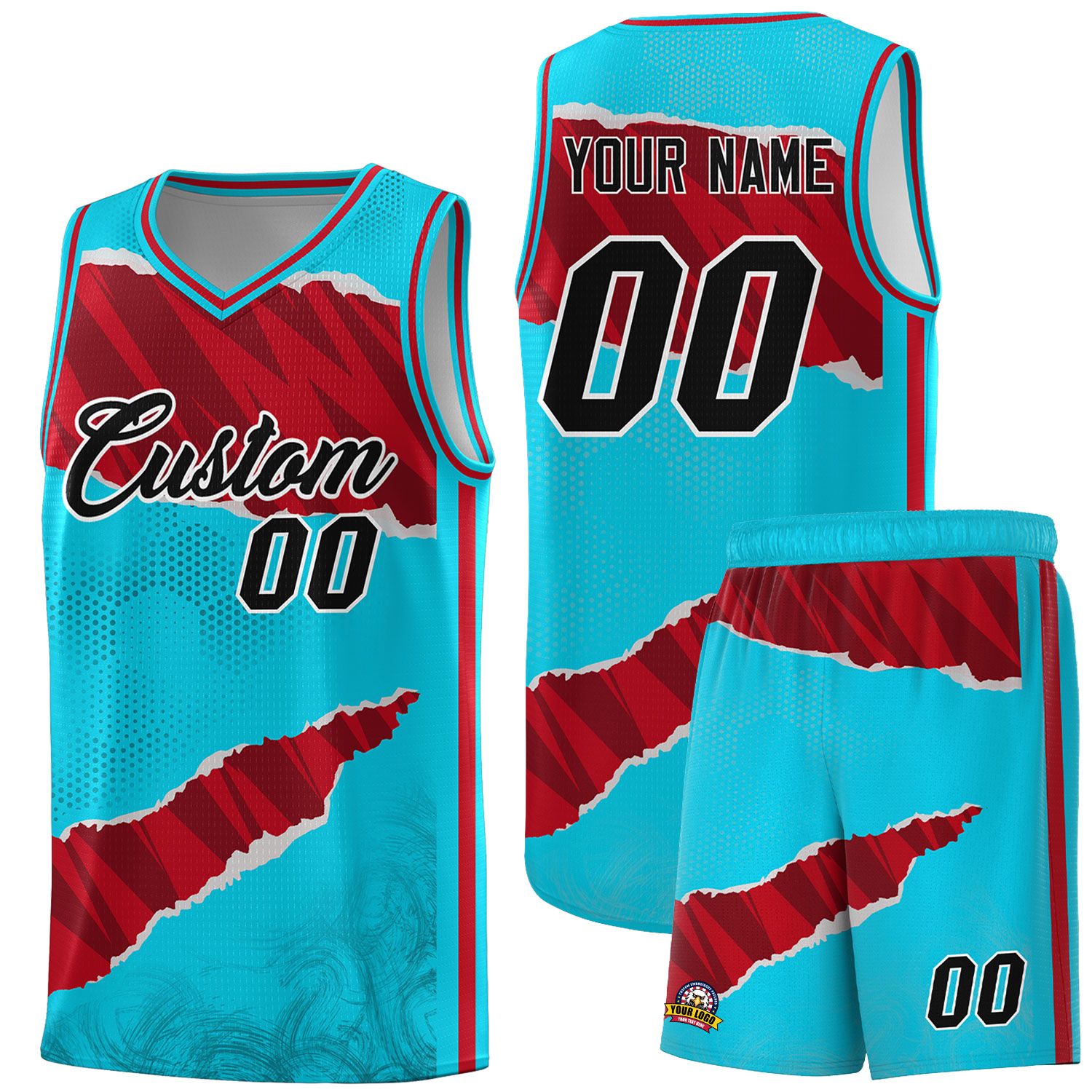 Custom Sky Blue Red-Black Tear Graffiti Pattern Sports Uniform Basketball Jersey