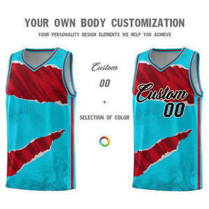 Custom Sky Blue Red-Black Tear Graffiti Pattern Sports Uniform Basketball Jersey