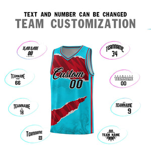 Custom Sky Blue Red-Black Tear Graffiti Pattern Sports Uniform Basketball Jersey