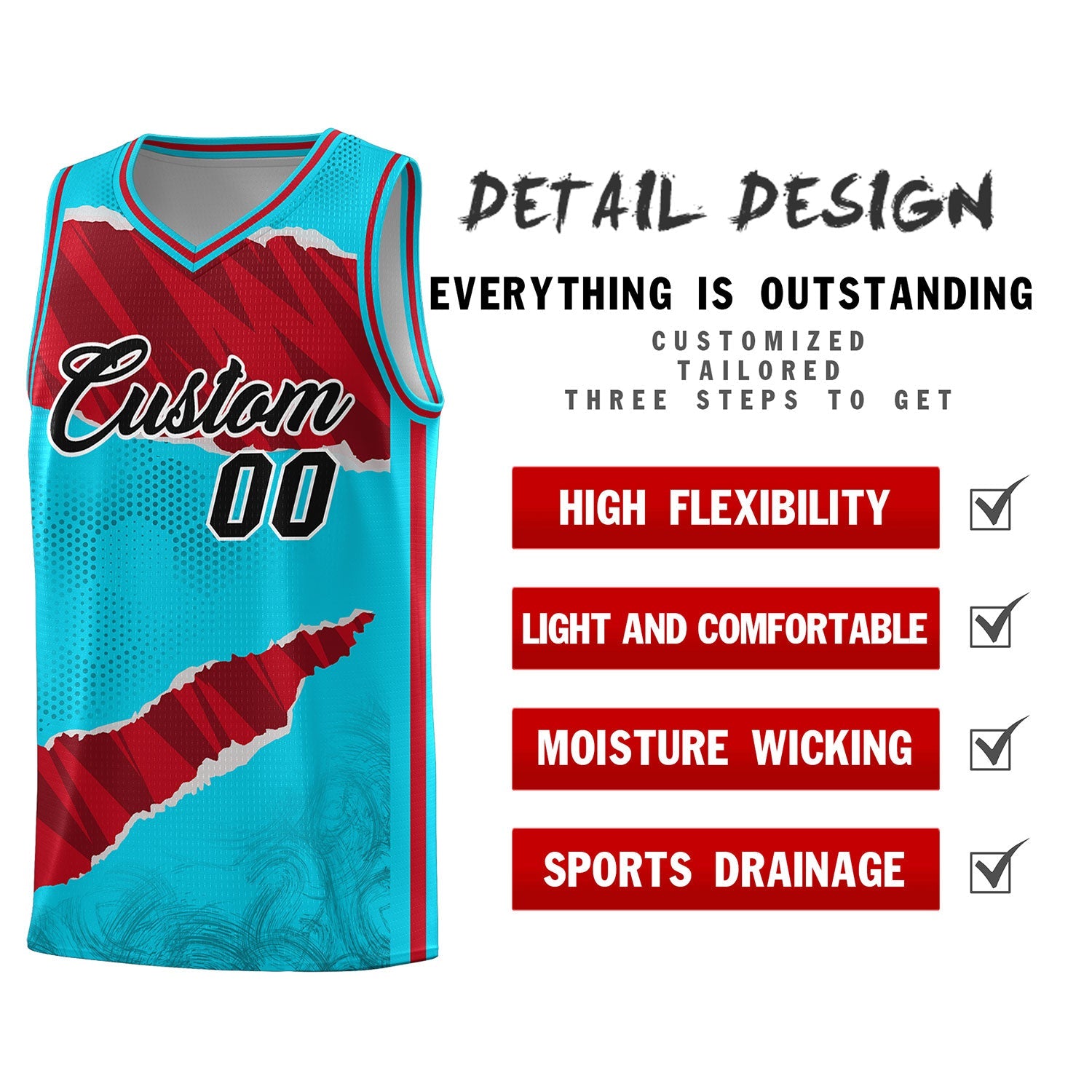 Custom Sky Blue Red-Black Tear Graffiti Pattern Sports Uniform Basketball Jersey