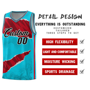 Custom Sky Blue Red-Black Tear Graffiti Pattern Sports Uniform Basketball Jersey